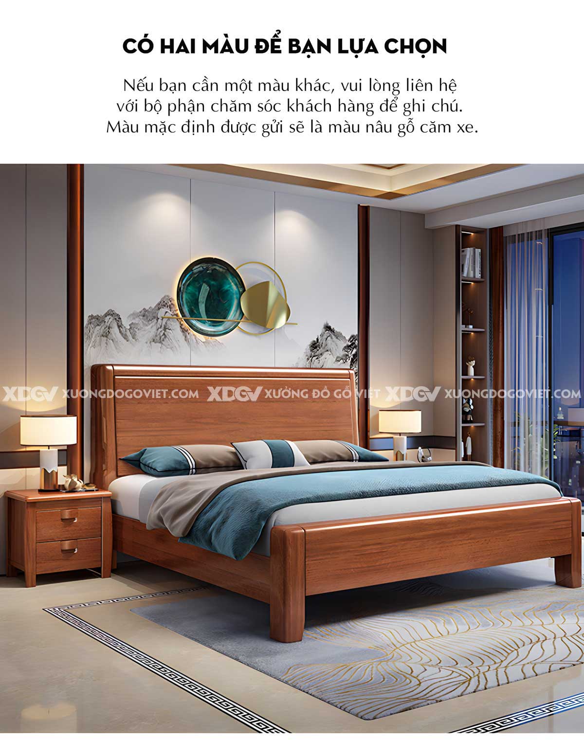 Giường Ngủ Căm Xe Hiện Đại Vững Chãi Mặt Trơn Gỗ Tự Nhiên