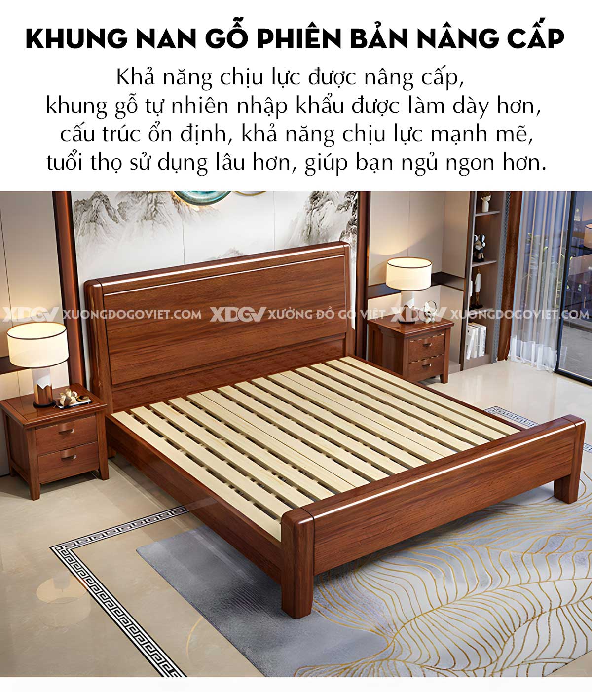Giường Ngủ Căm Xe Hiện Đại Vững Chãi Mặt Trơn Gỗ Tự Nhiên