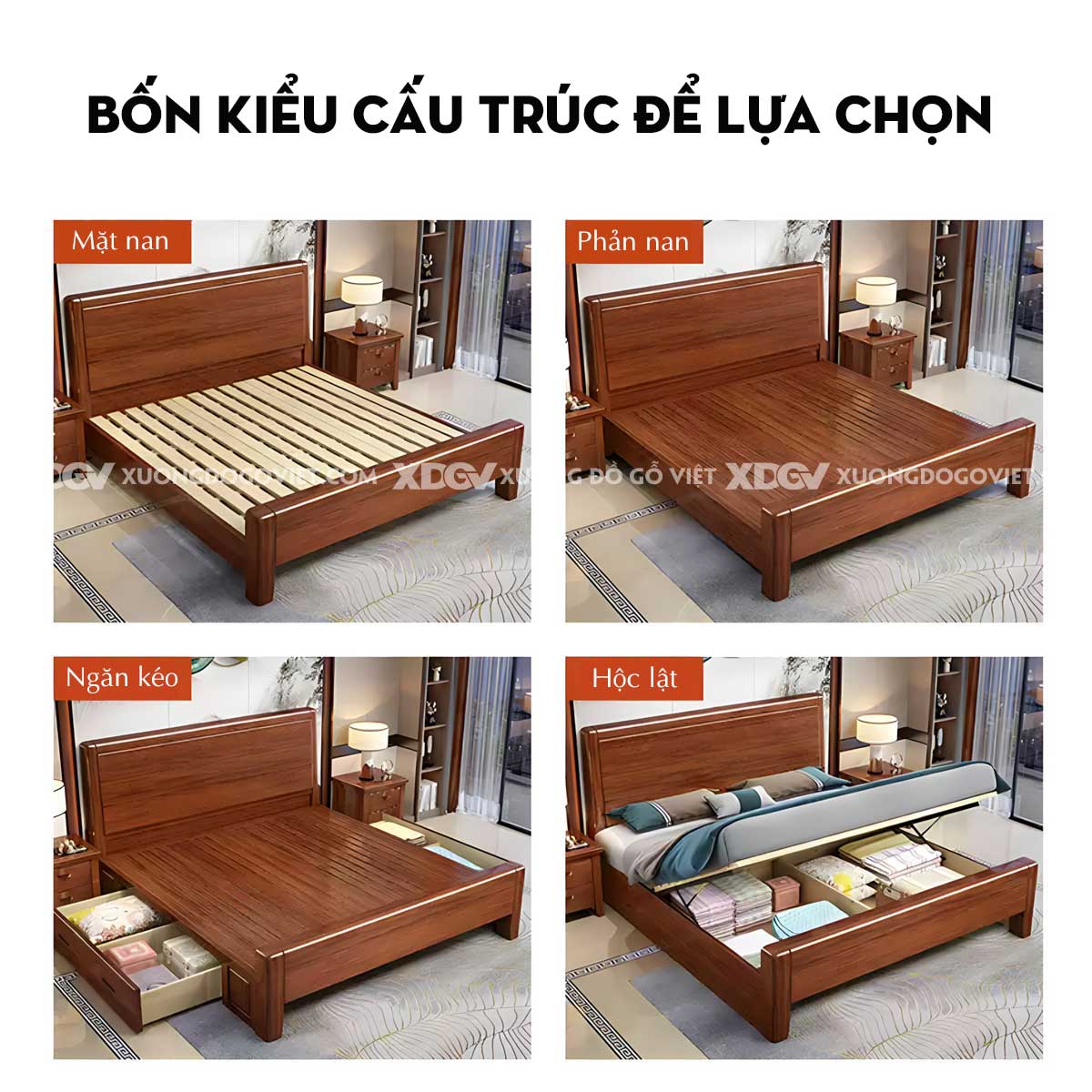 Giường Ngủ Căm Xe Hiện Đại Vững Chãi Mặt Trơn Gỗ Tự Nhiên