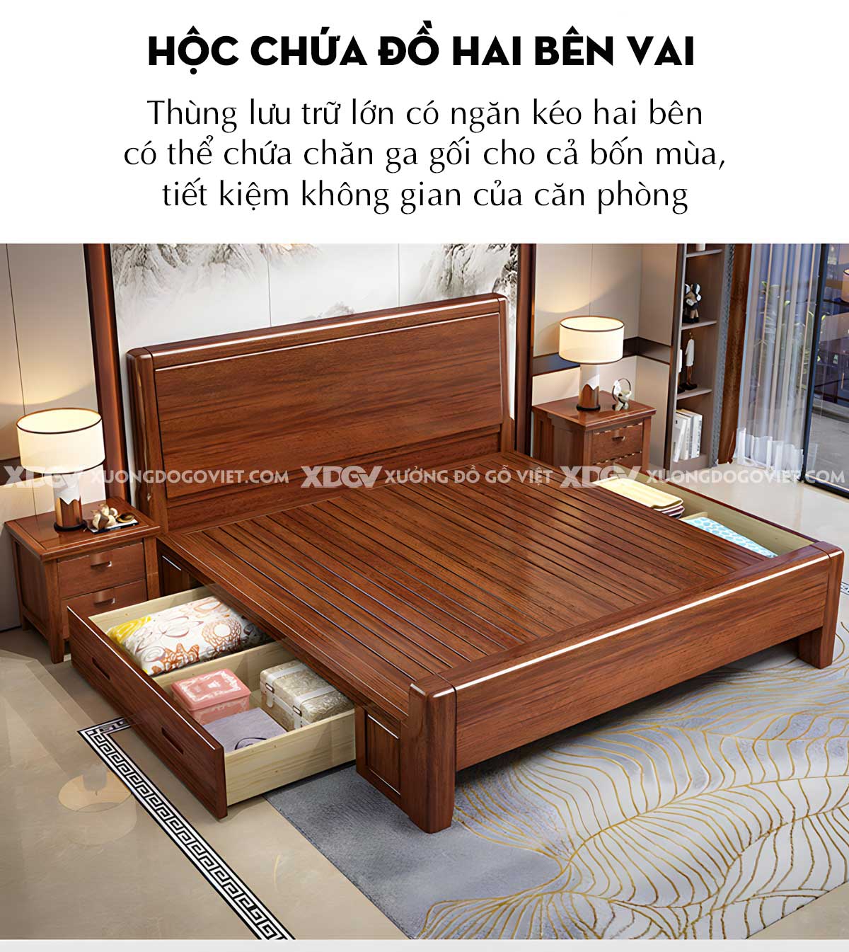 Giường Ngủ Căm Xe Hiện Đại Vững Chãi Mặt Trơn Gỗ Tự Nhiên