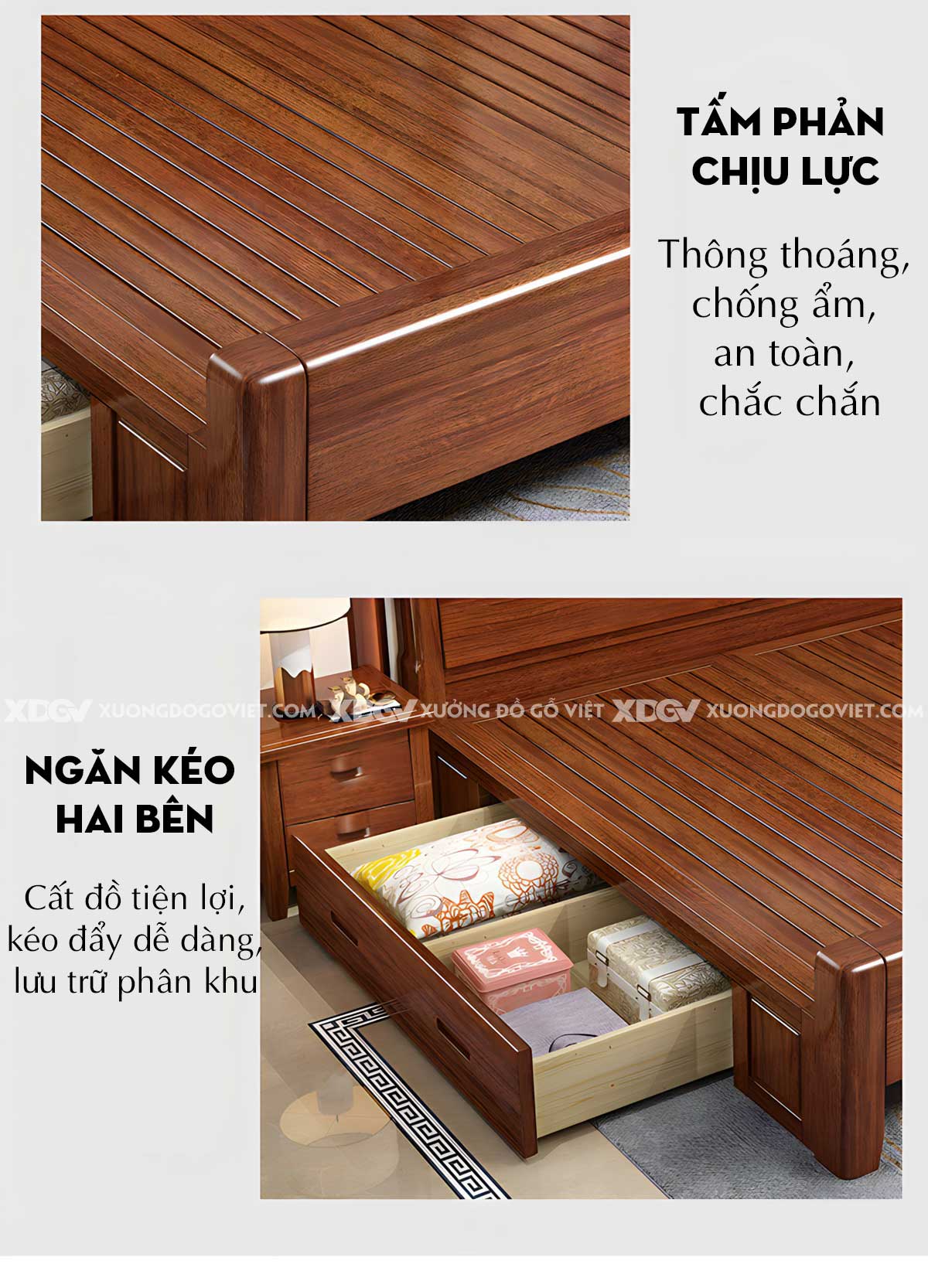 Giường Ngủ Căm Xe Hiện Đại Vững Chãi Mặt Trơn Gỗ Tự Nhiên