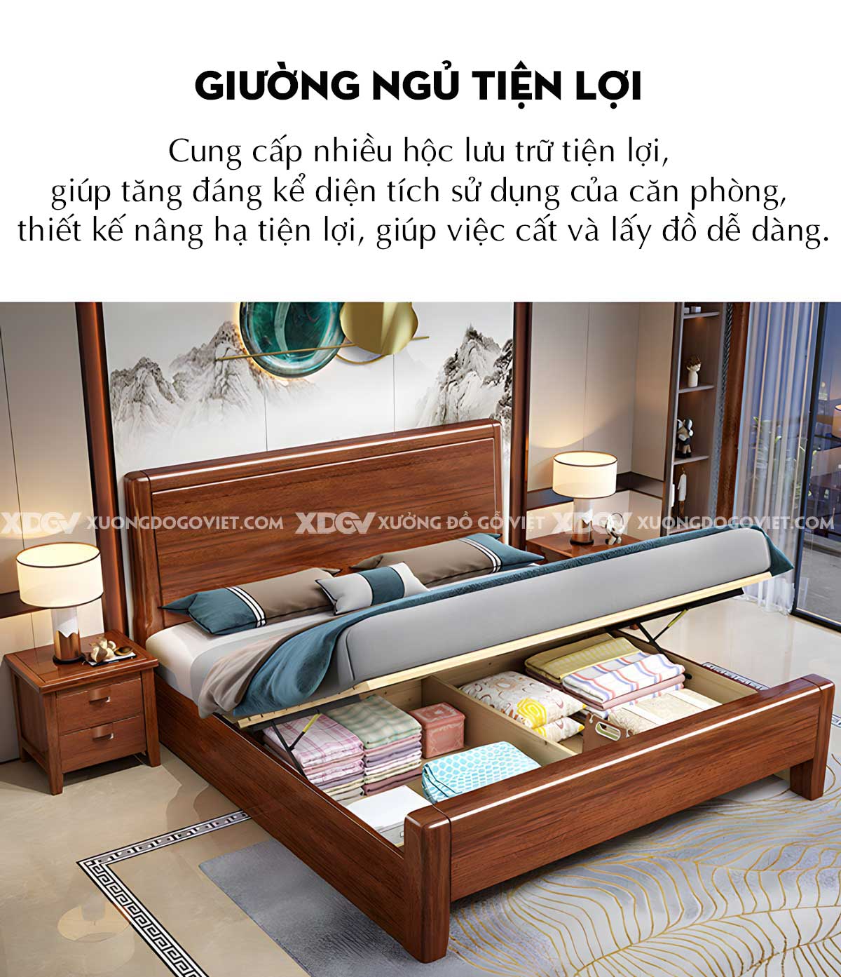 Giường Ngủ Căm Xe Hiện Đại Vững Chãi Mặt Trơn Gỗ Tự Nhiên