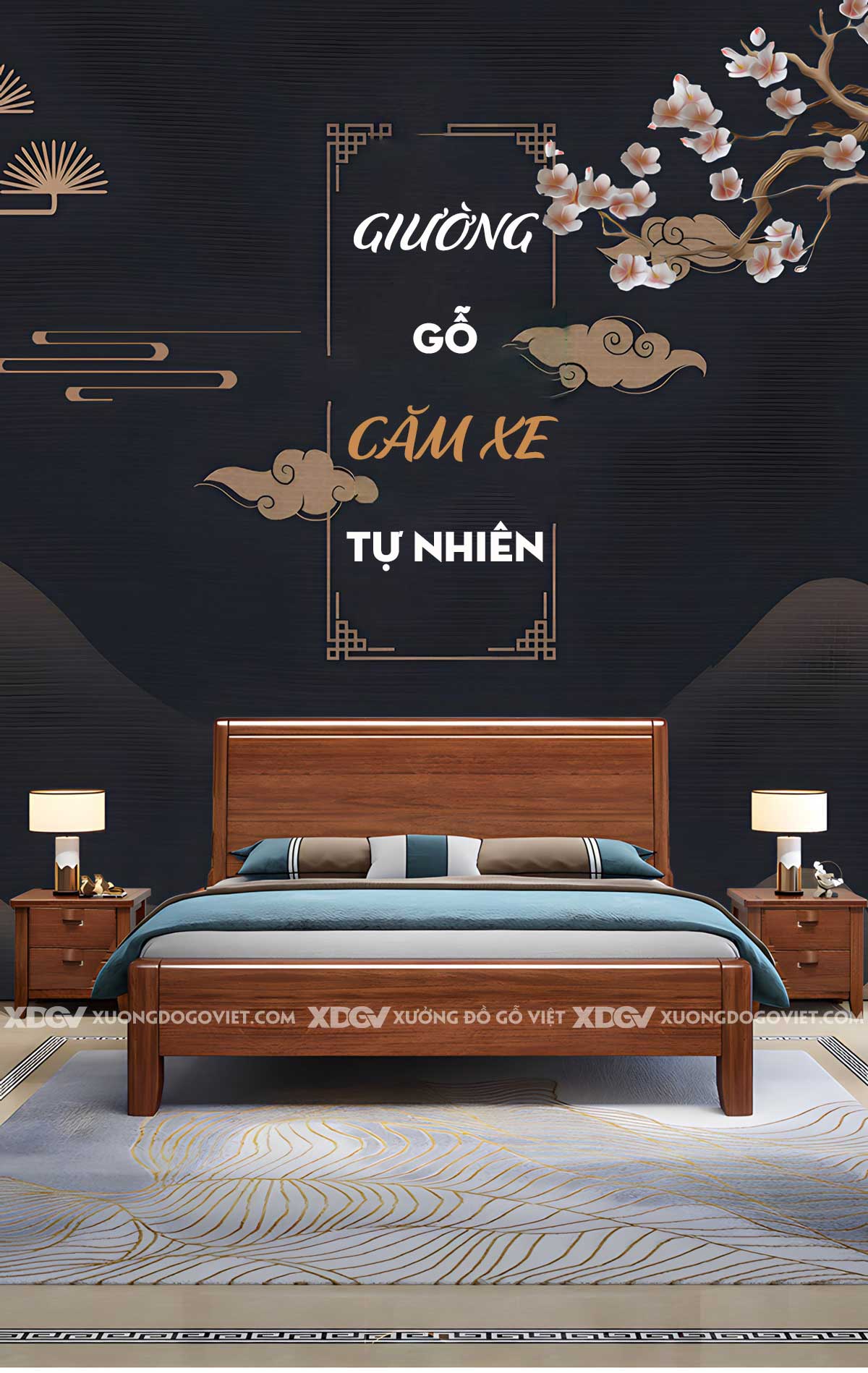 Giường Ngủ Căm Xe Hiện Đại Vững Chãi Mặt Trơn Gỗ Tự Nhiên