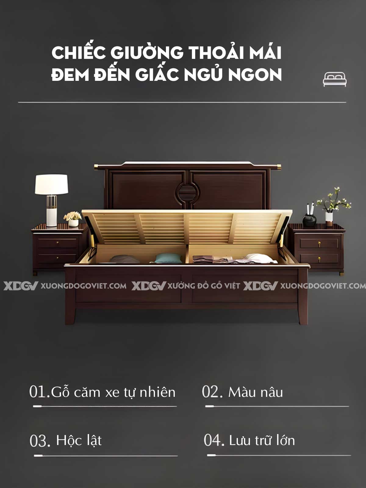 Giường Ngủ Căm Xe Tân Cổ Điển Á Đông Dáng Cung Đình Họa Tiết