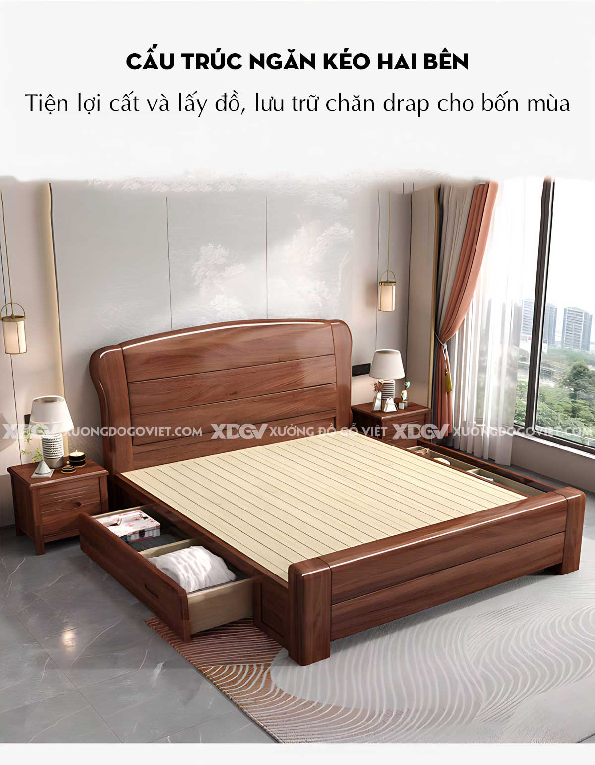 Giường Ngủ Căm Xe Vững Chãi Chân Trụ Tấm Phẳng Phân Tầng