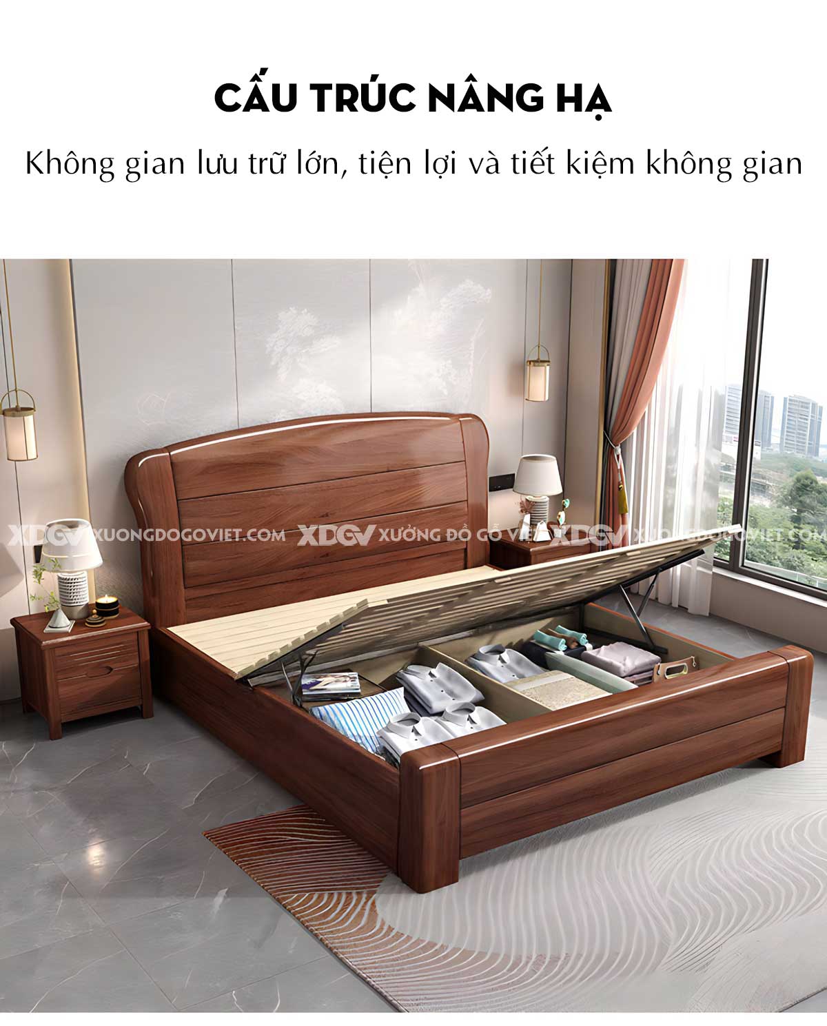 Giường Ngủ Căm Xe Vững Chãi Chân Trụ Tấm Phẳng Phân Tầng