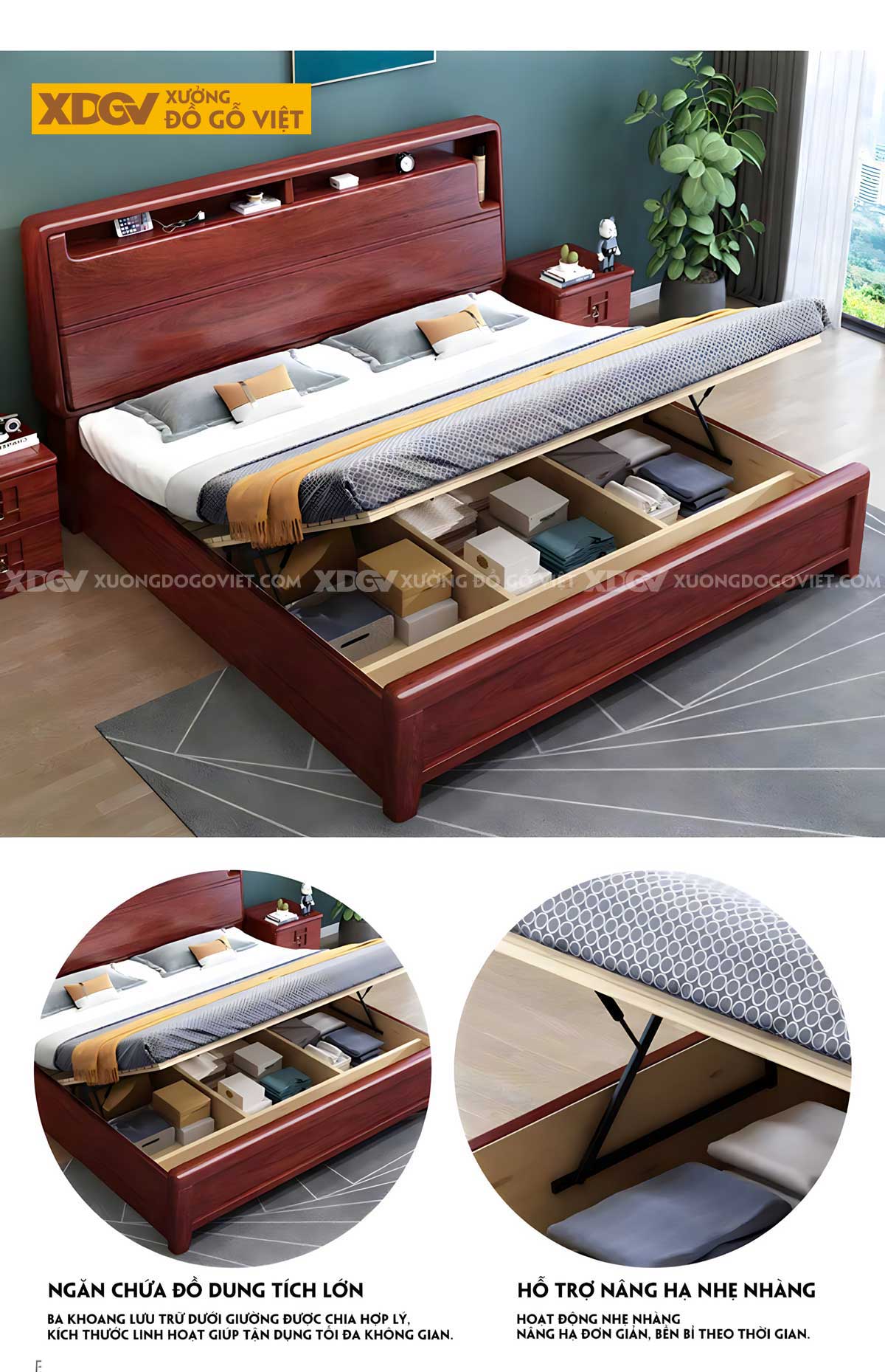 Giường Ngủ Gỗ Căm Xe Bo Góc Đầu Kẻ Chỉ Phân Tầng Tích Hợp Kệ