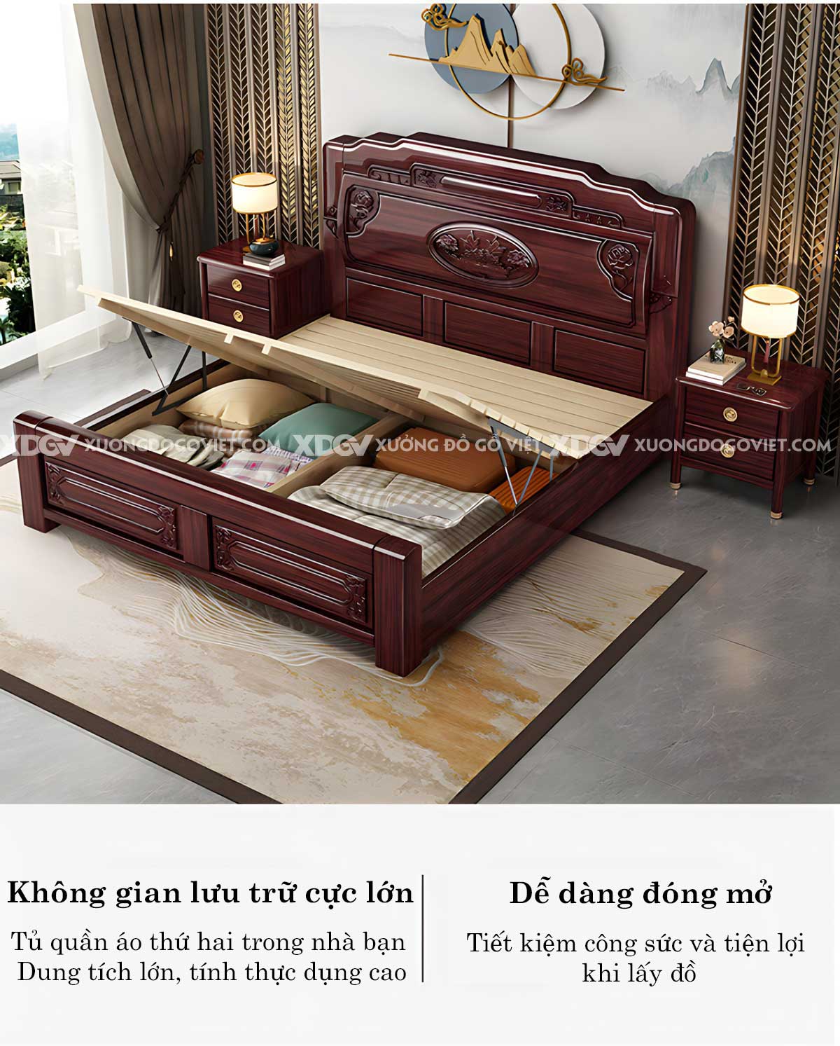 Giường Ngủ Gỗ Căm Xe Tân Cổ Điển Họa Tiết Chạm Khắc Tinh Xảo