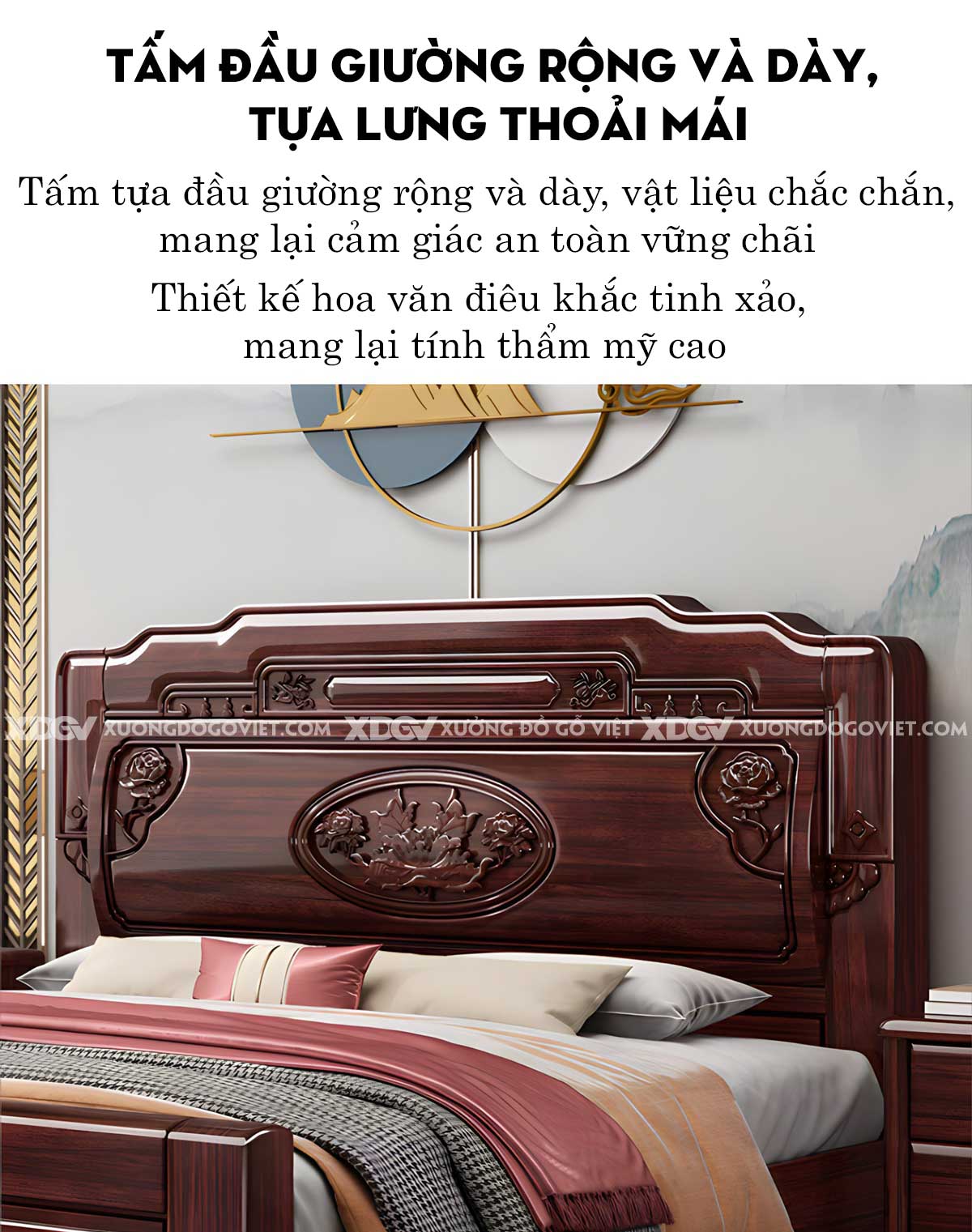 Giường Ngủ Gỗ Căm Xe Tân Cổ Điển Họa Tiết Chạm Khắc Tinh Xảo