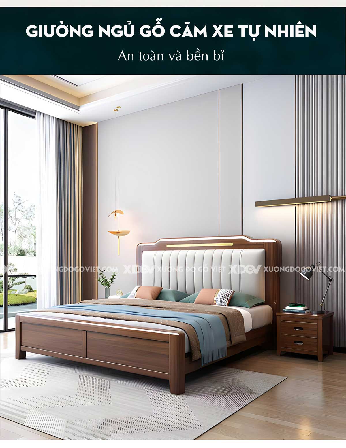 Giường Ngủ Gỗ Căm Xe Thịt Đầu Mái Đình Kẻ Chỉ Vàng Tinh Tế