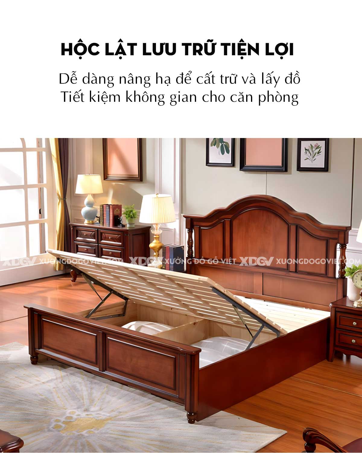 Giường Ngủ Gỗ Căm Xe Tự Nhiên Tân Cổ Điển Chân Tiện Tròn