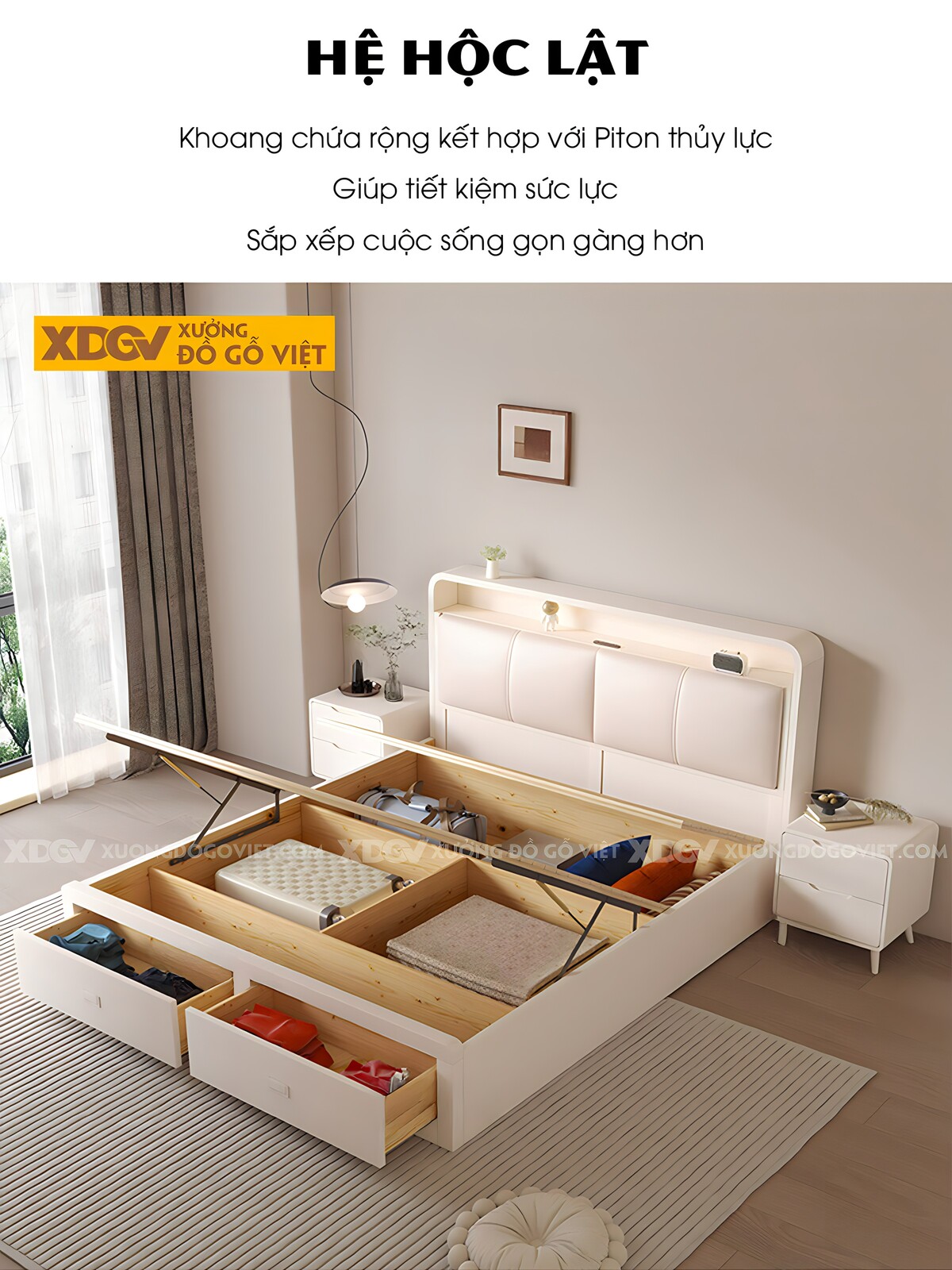 Giường Ngủ Gỗ Cao Su Đa Năng Nhiều Hộc Đựng Đầu Bọc Nệm