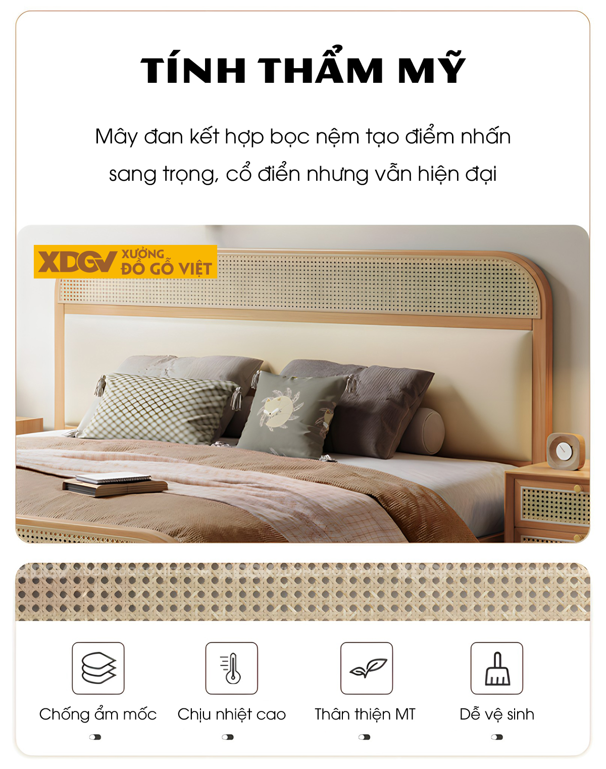 Giường Ngủ Gỗ Cao Su Đan Mây Bo Góc Đầu Bọc Nệm Thanh Lịch