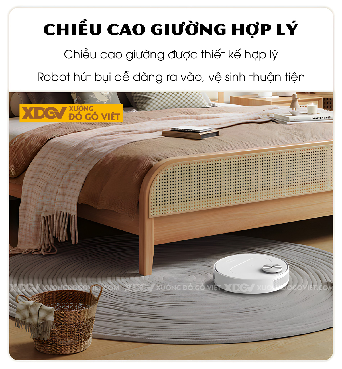 Giường Ngủ Gỗ Cao Su Đan Mây Bo Góc Đầu Bọc Nệm Thanh Lịch