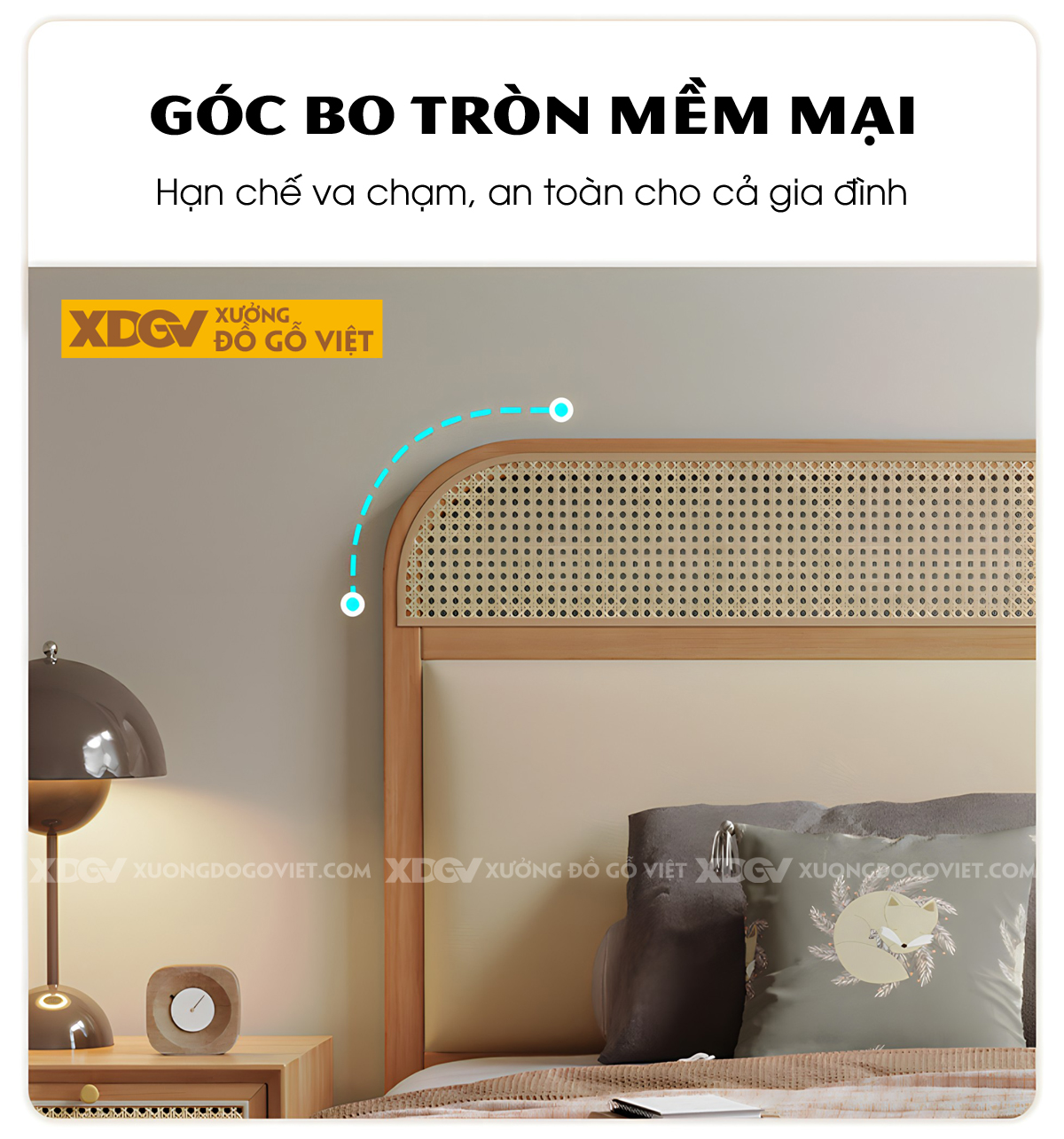 Giường Ngủ Gỗ Cao Su Đan Mây Bo Góc Đầu Bọc Nệm Thanh Lịch
