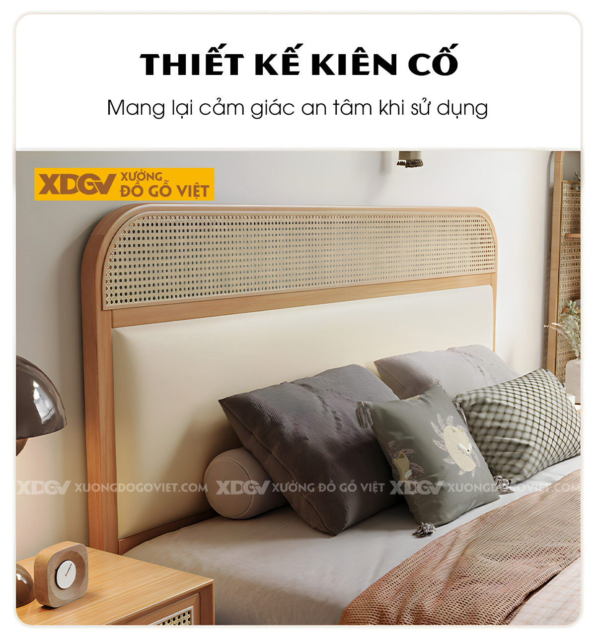 Giường Ngủ Gỗ Cao Su Đan Mây Bo Góc Đầu Bọc Nệm Thanh Lịch