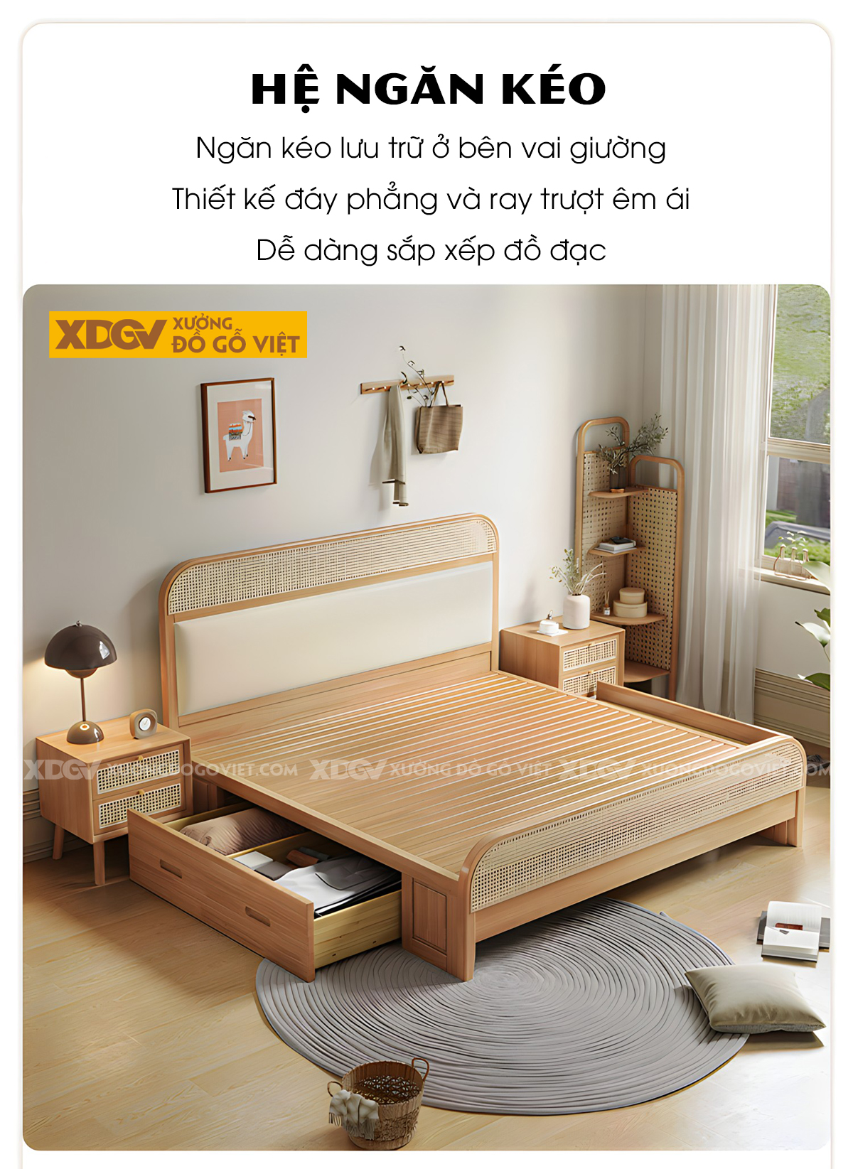 Giường Ngủ Gỗ Cao Su Đan Mây Bo Góc Đầu Bọc Nệm Thanh Lịch