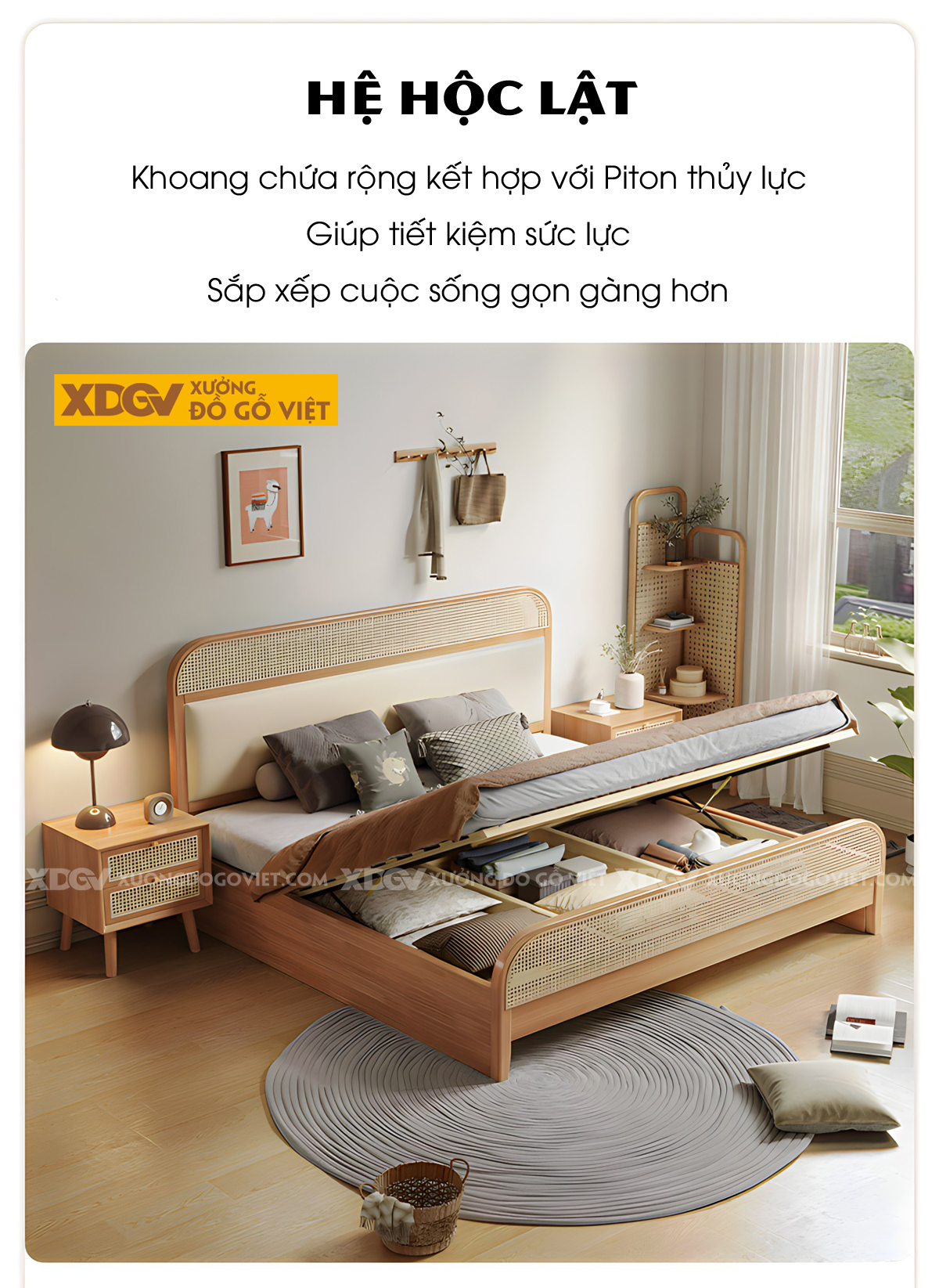 Giường Ngủ Gỗ Cao Su Đan Mây Bo Góc Đầu Bọc Nệm Thanh Lịch