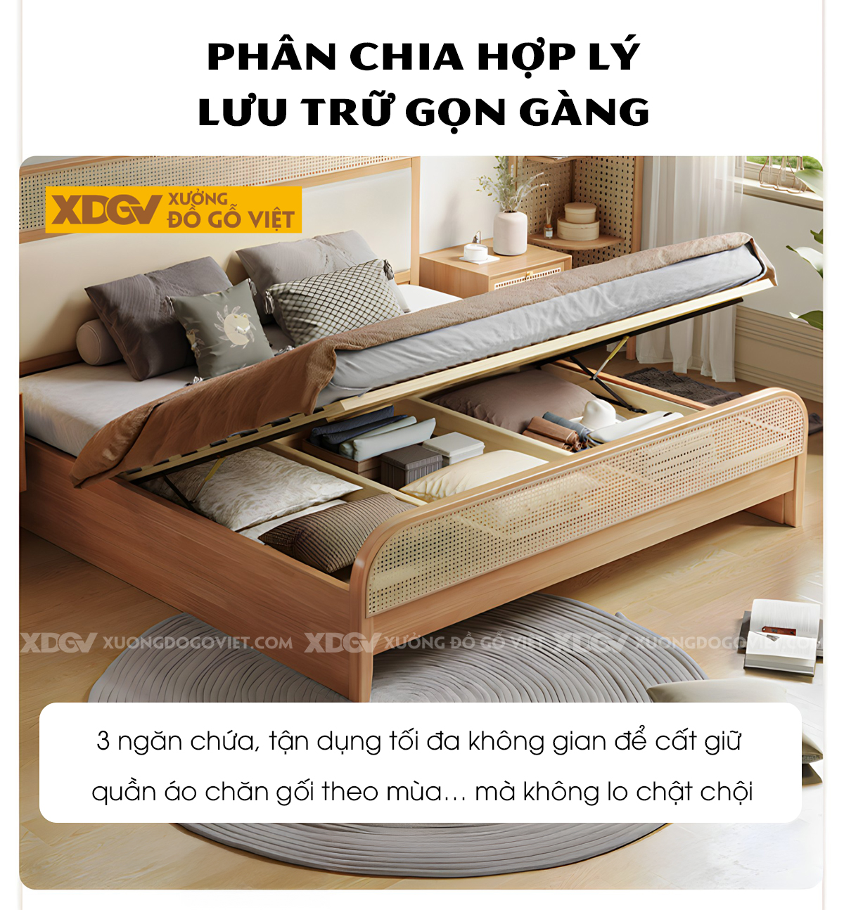 Giường Ngủ Gỗ Cao Su Đan Mây Bo Góc Đầu Bọc Nệm Thanh Lịch