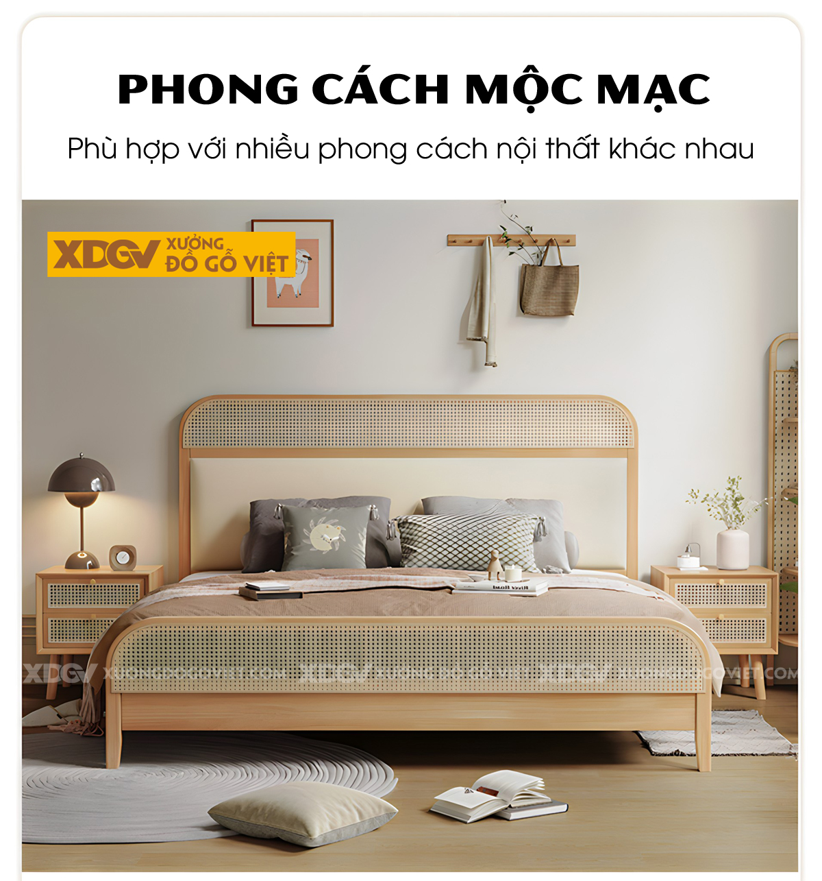 Giường Ngủ Gỗ Cao Su Đan Mây Bo Góc Đầu Bọc Nệm Thanh Lịch