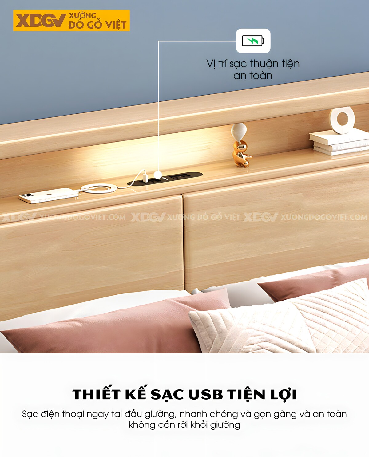 Giường Ngủ Gỗ Cao Su Đầu Bo Tròn Nhiều Ngăn Đựng Có Led
