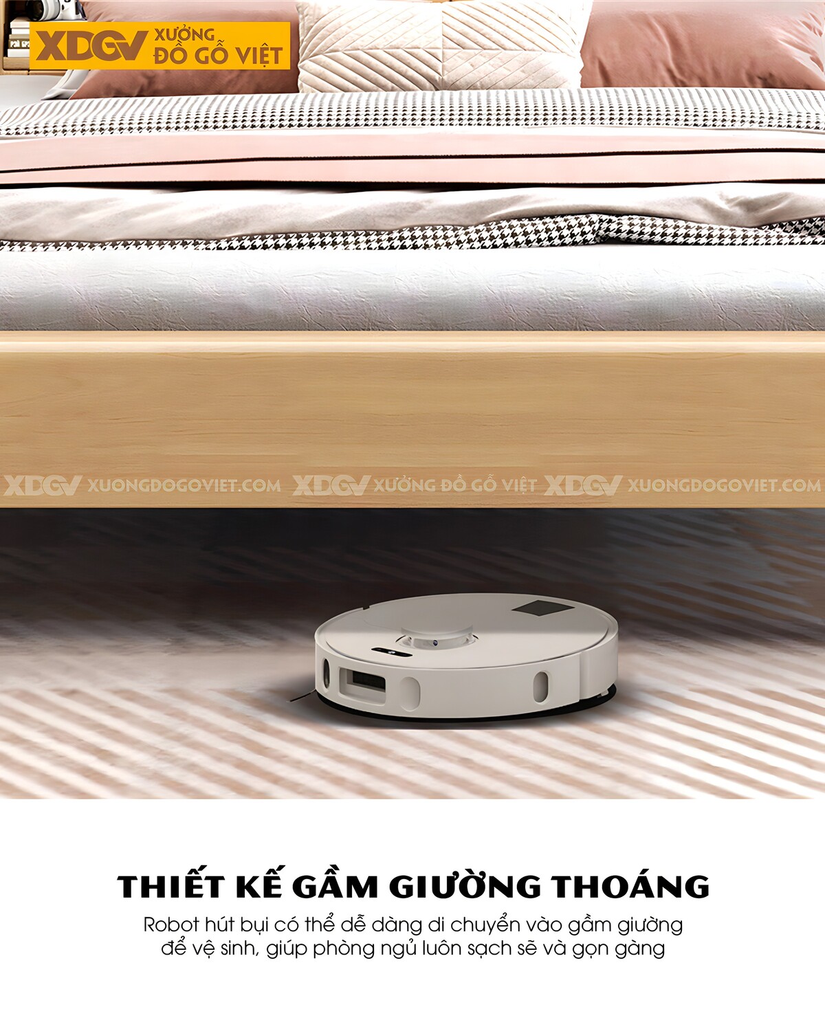 Giường Ngủ Gỗ Cao Su Đầu Bo Tròn Nhiều Ngăn Đựng Có Led