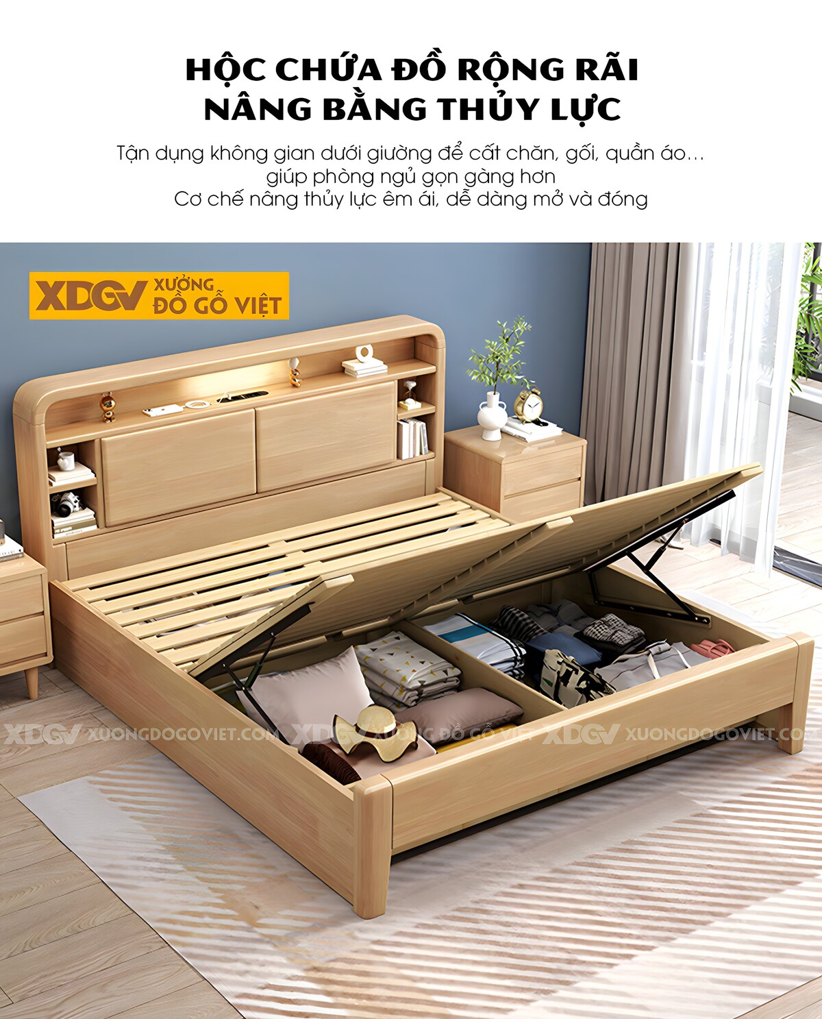 Giường Ngủ Gỗ Cao Su Đầu Bo Tròn Nhiều Ngăn Đựng Có Led