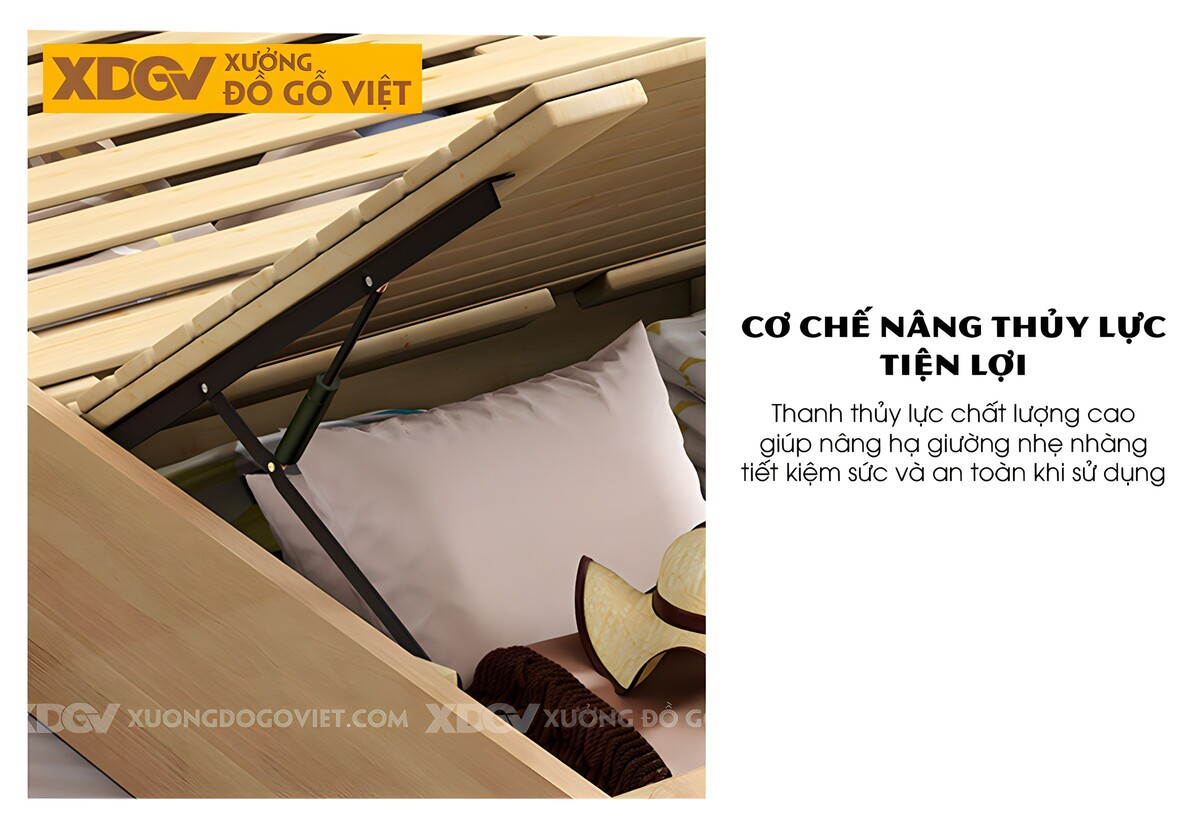 Giường Ngủ Gỗ Cao Su Đầu Bo Tròn Nhiều Ngăn Đựng Có Led