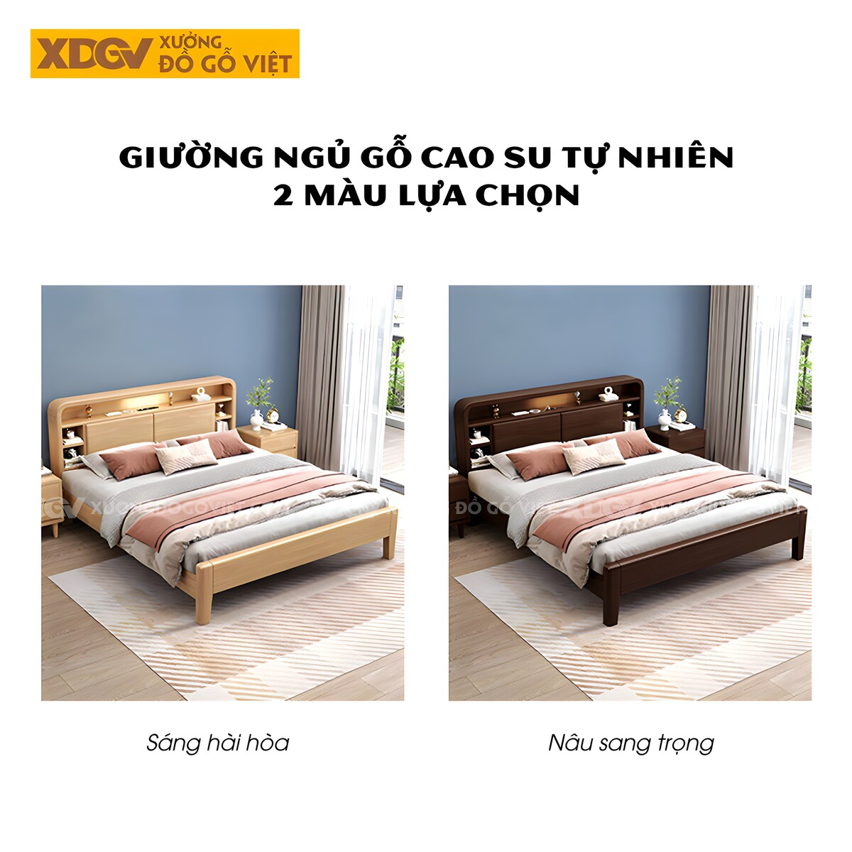 Giường Ngủ Gỗ Cao Su Đầu Bo Tròn Nhiều Ngăn Đựng Có Led