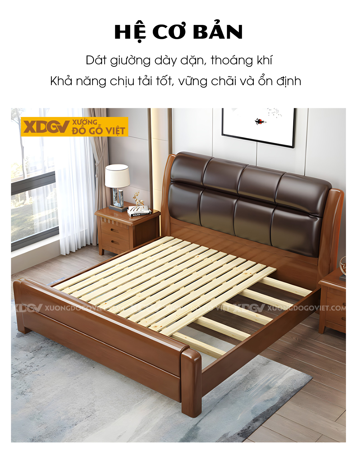 Giường Ngủ Gỗ Cao Su Đầu Bọc Nệm Da Phồng Chia Múi Socola