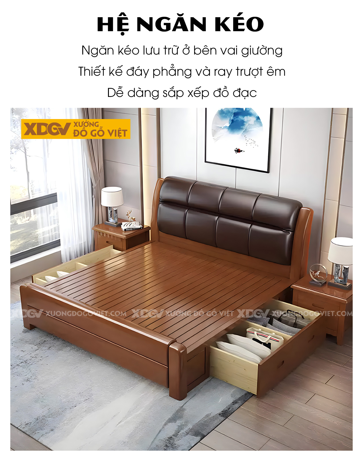 Giường Ngủ Gỗ Cao Su Đầu Bọc Nệm Da Phồng Chia Múi Socola