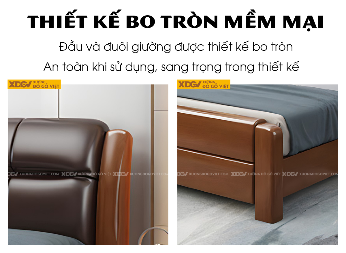 Giường Ngủ Gỗ Cao Su Đầu Bọc Nệm Da Phồng Chia Múi Socola