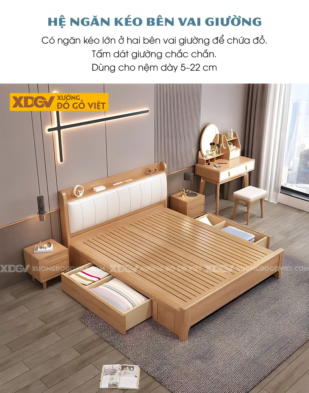 Giường Ngủ Gỗ Cao Su Đầu Bọc Nệm Trắng Sọc Dọc Có Kệ Trên