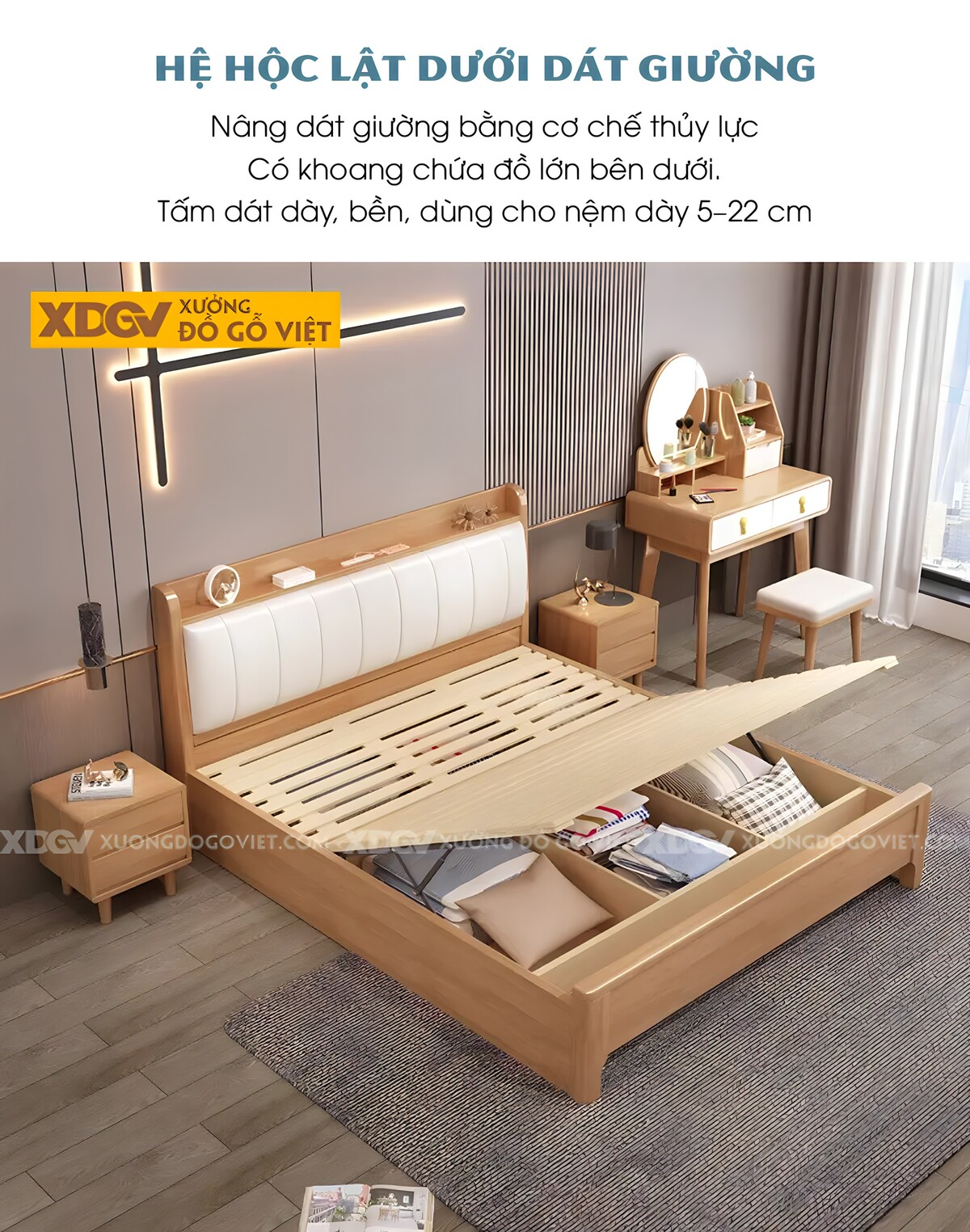 Giường Ngủ Gỗ Cao Su Đầu Bọc Nệm Trắng Sọc Dọc Có Kệ Trên