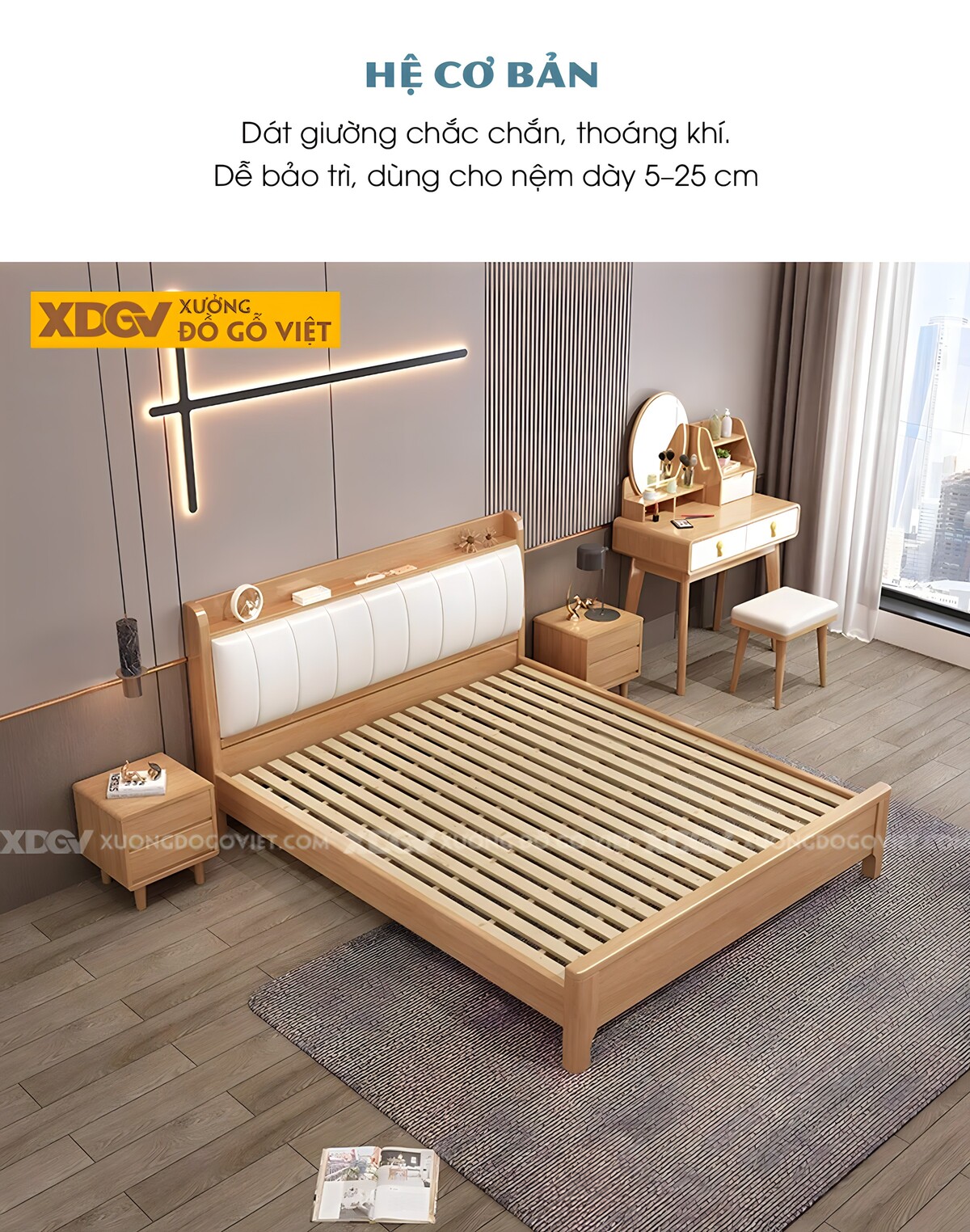 Giường Ngủ Gỗ Cao Su Đầu Bọc Nệm Trắng Sọc Dọc Có Kệ Trên