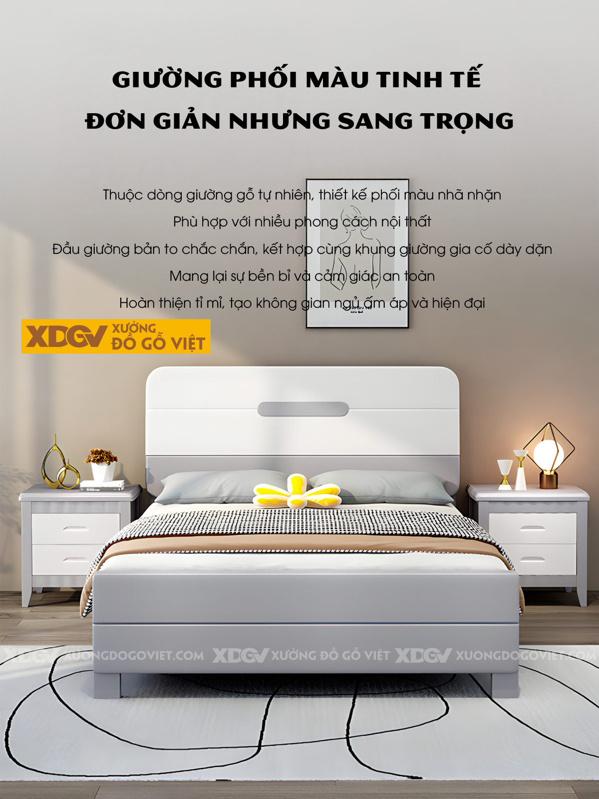 Giường Ngủ Gỗ Cao Su Góc Bo Tròn Mặt Phẳng Trơn Xám Trắng