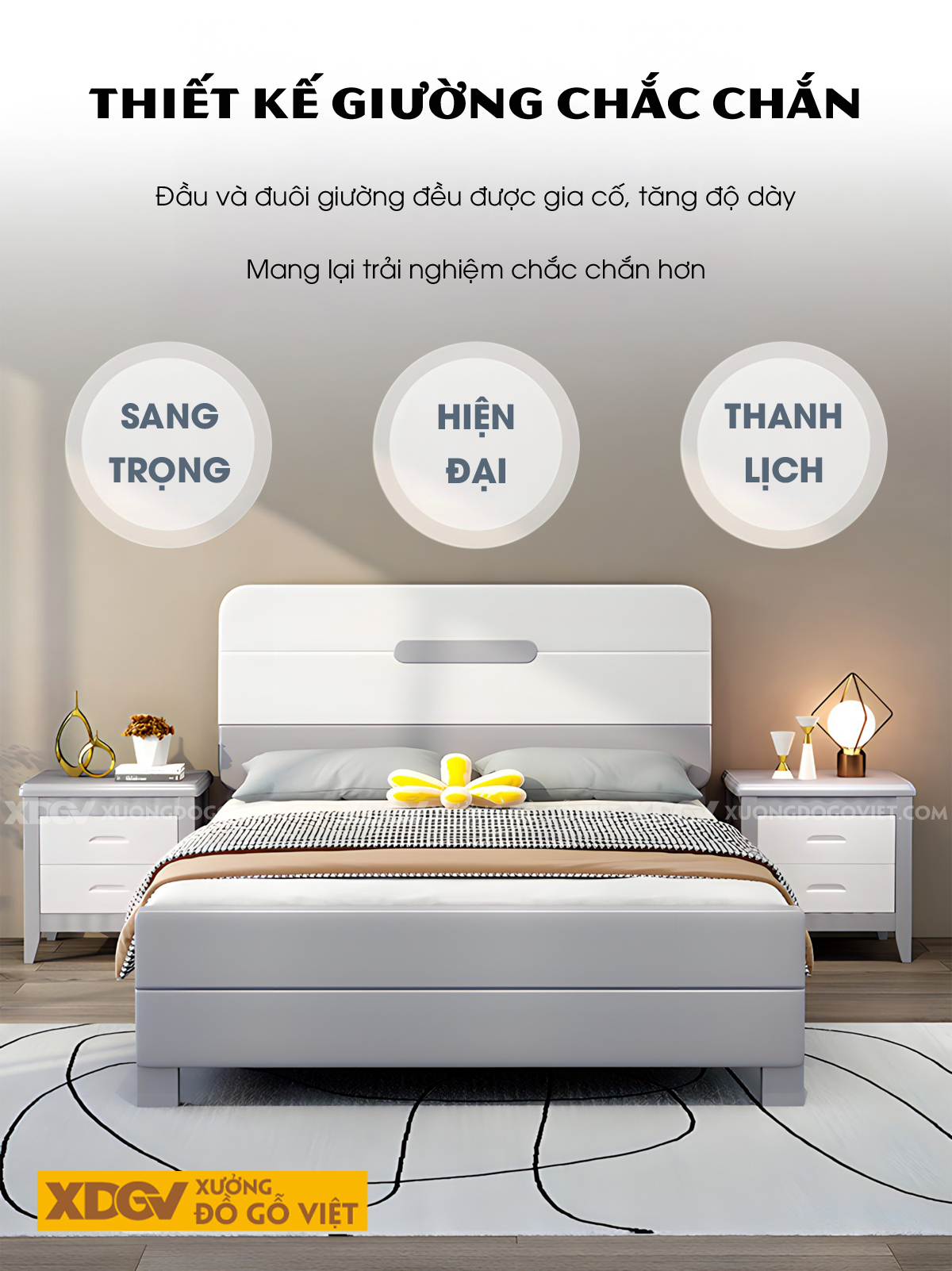Giường Ngủ Gỗ Cao Su Góc Bo Tròn Mặt Phẳng Trơn Xám Trắng
