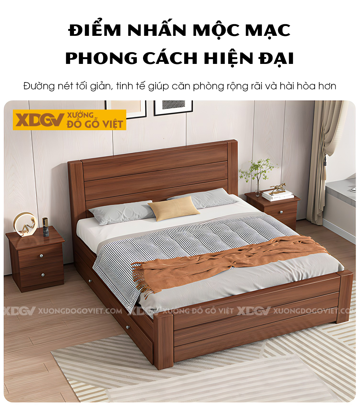 Giường Ngủ Gỗ Cao Su Kết Cấu Khung Cột Mặt Ngang Kẻ Chỉ