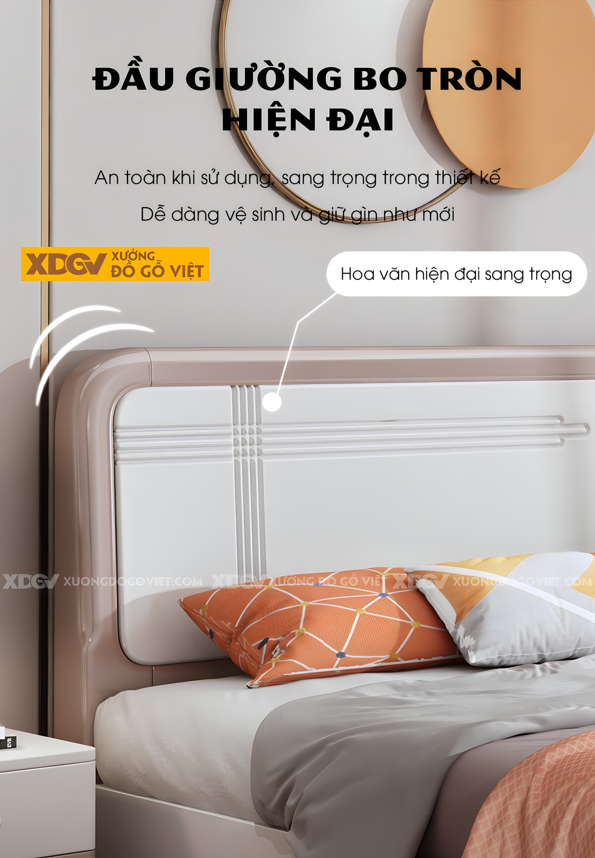 Giường Ngủ Gỗ Cao Su Panel Trắng Soi Rãnh Viền Màu Bo Tròn