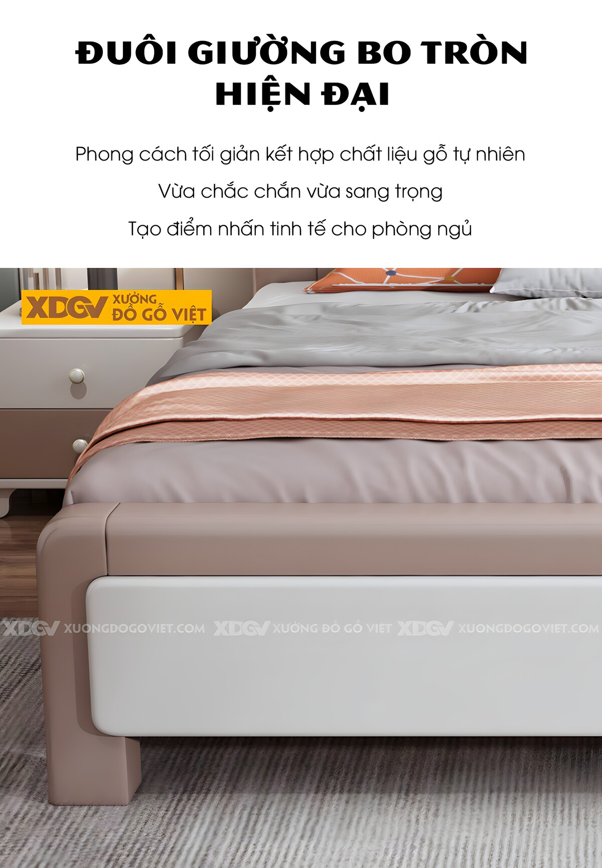 Giường Ngủ Gỗ Cao Su Panel Trắng Soi Rãnh Viền Màu Bo Tròn