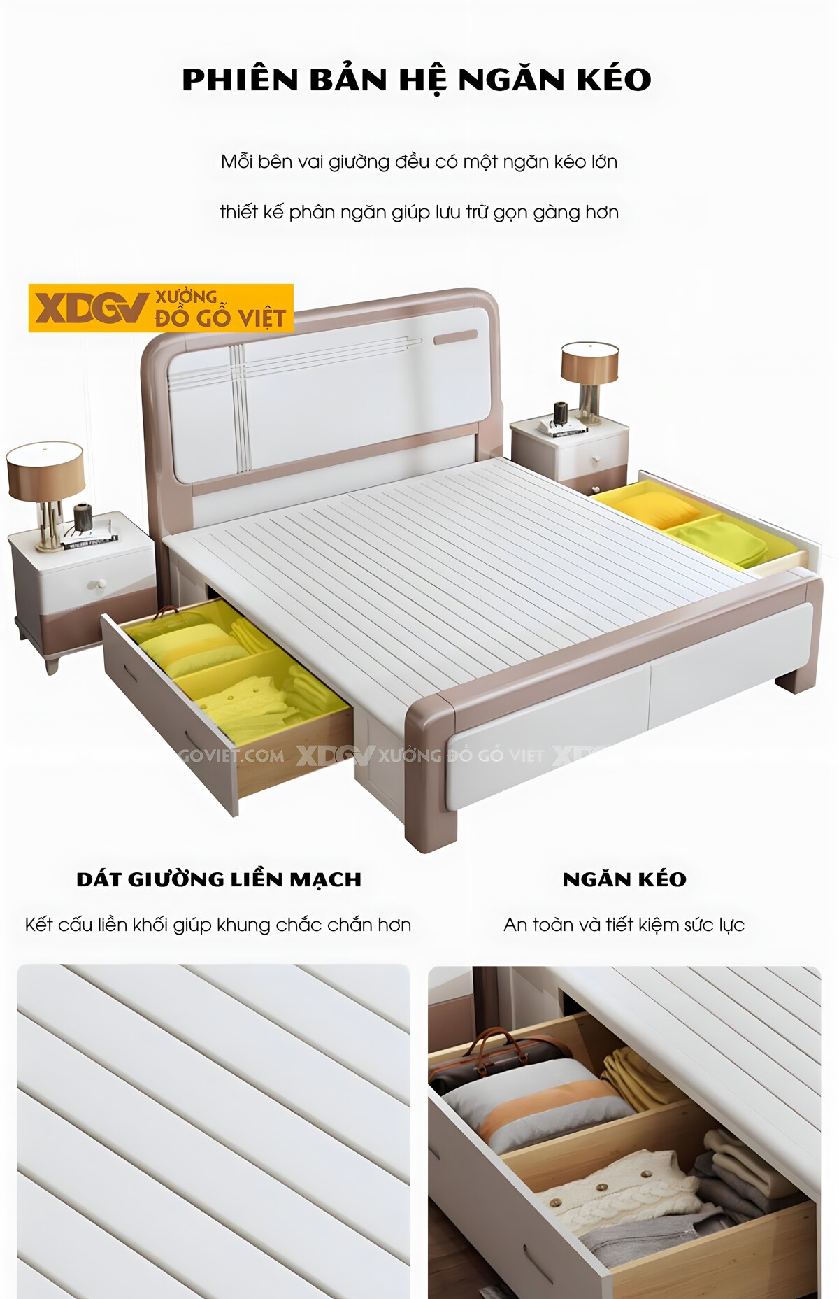Giường Ngủ Gỗ Cao Su Panel Trắng Soi Rãnh Viền Màu Bo Tròn