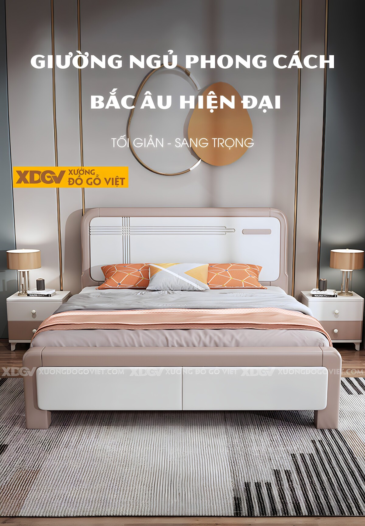 Giường Ngủ Gỗ Cao Su Panel Trắng Soi Rãnh Viền Màu Bo Tròn