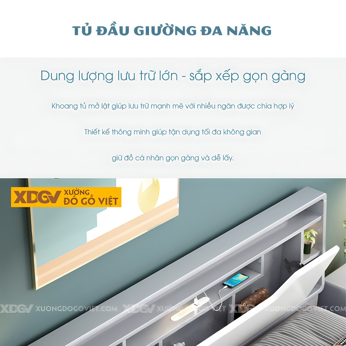 Giường Ngủ Gỗ Cao Su Trắng Xanh Đầu Đa Năng Nhiều Hộc Kệ