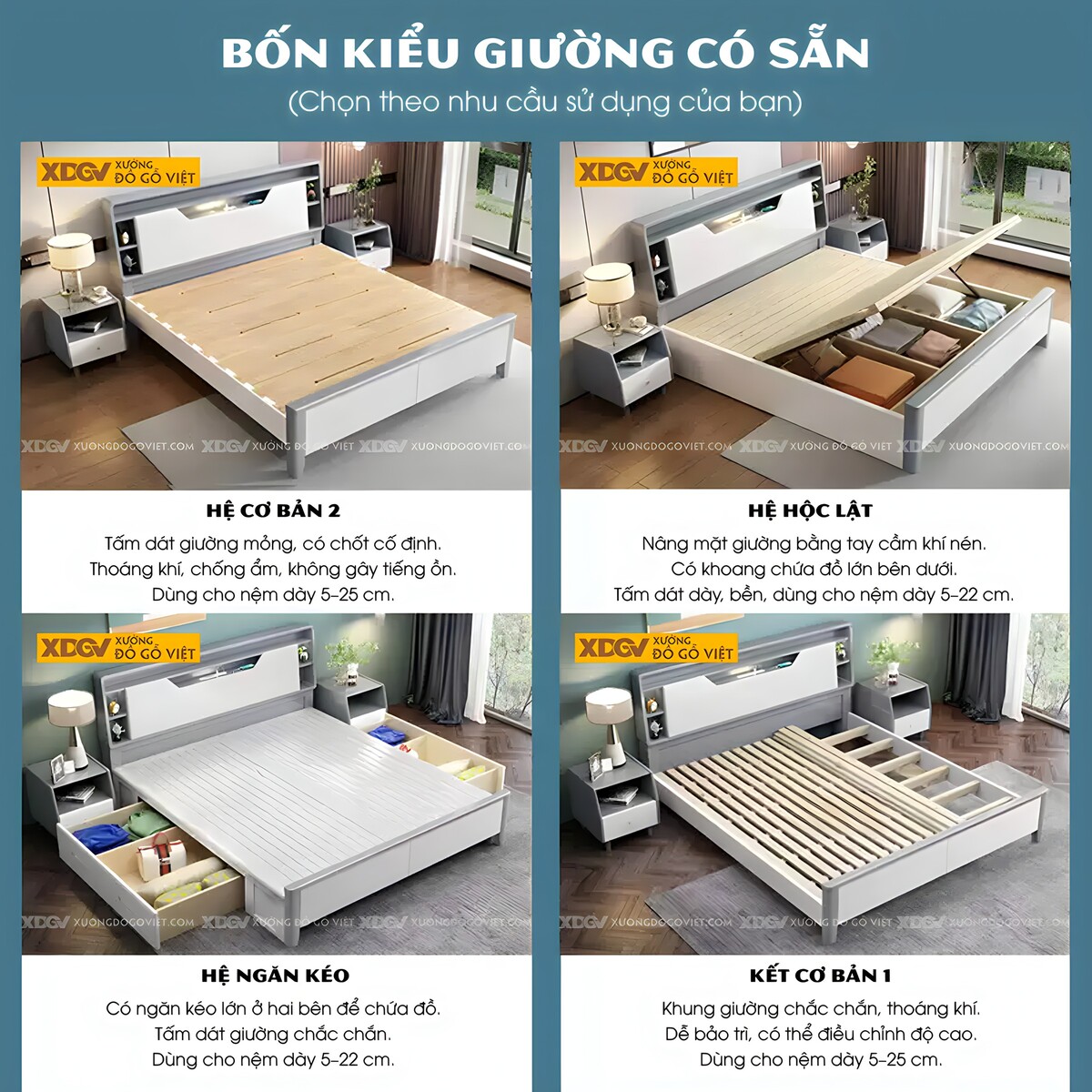 Giường Ngủ Gỗ Cao Su Trắng Xanh Đầu Đa Năng Nhiều Hộc Kệ
