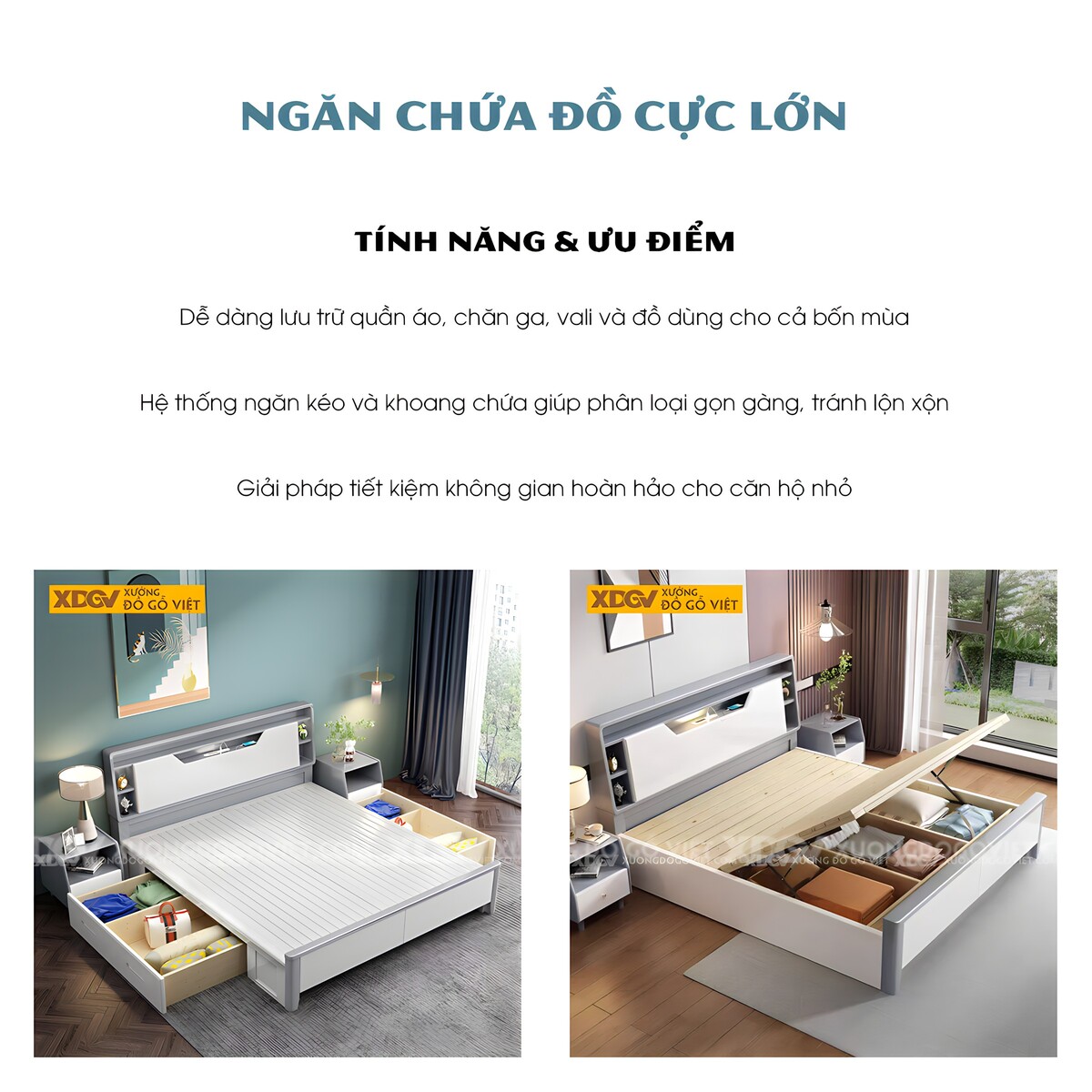 Giường Ngủ Gỗ Cao Su Trắng Xanh Đầu Đa Năng Nhiều Hộc Kệ
