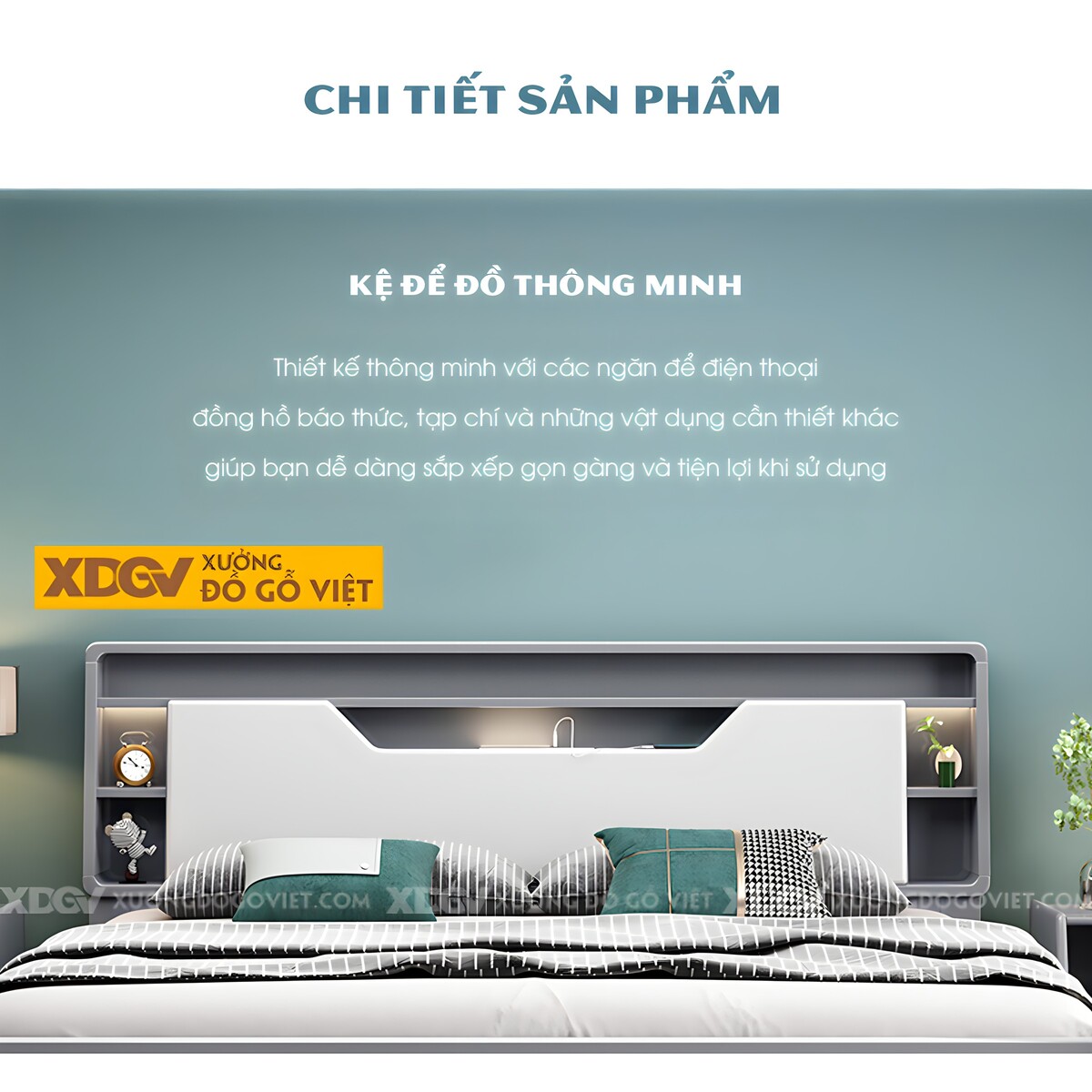 Giường Ngủ Gỗ Cao Su Trắng Xanh Đầu Đa Năng Nhiều Hộc Kệ