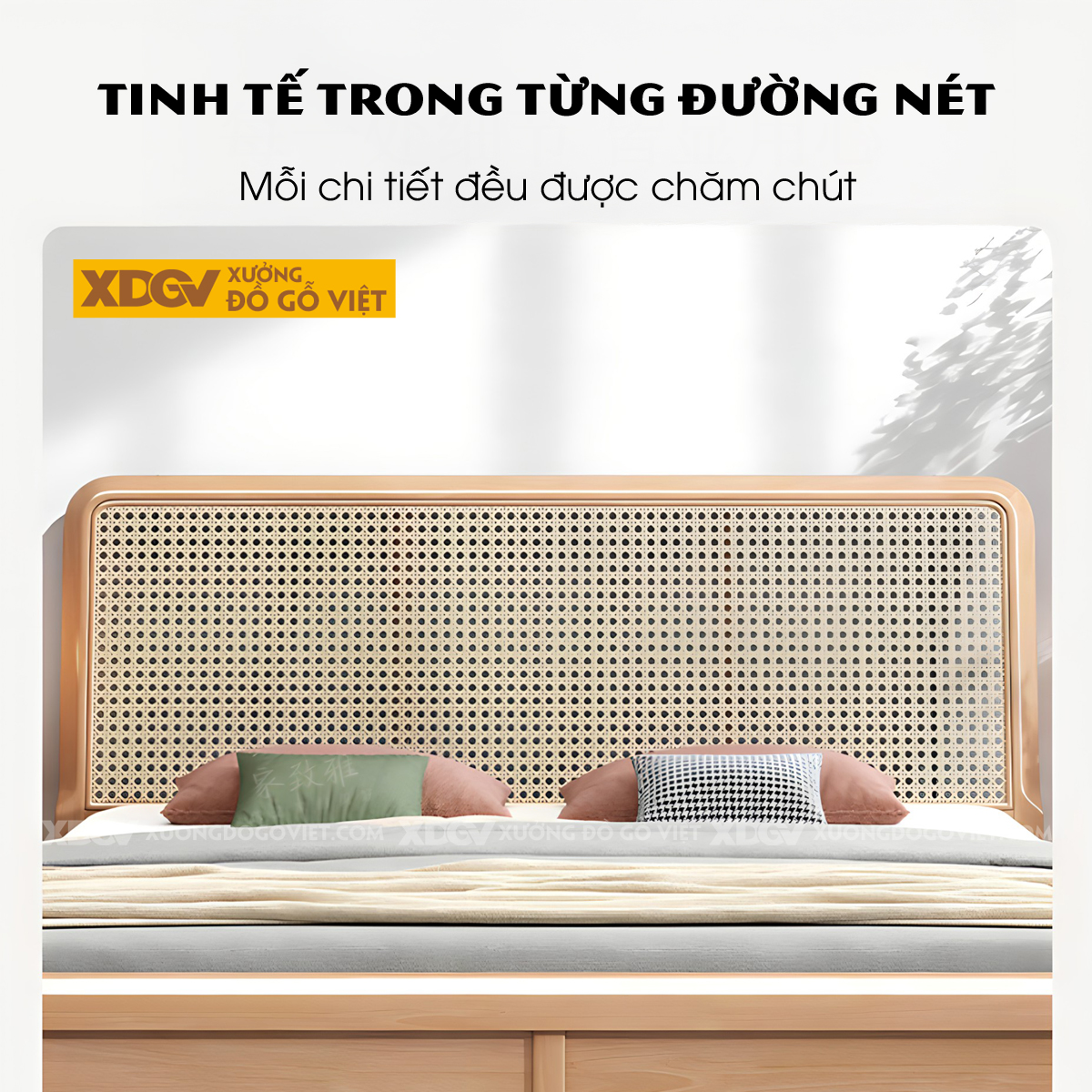 Giường Ngủ Gỗ Cao Su Tự Nhiên Đầu Đan Mây Caro Bo Góc