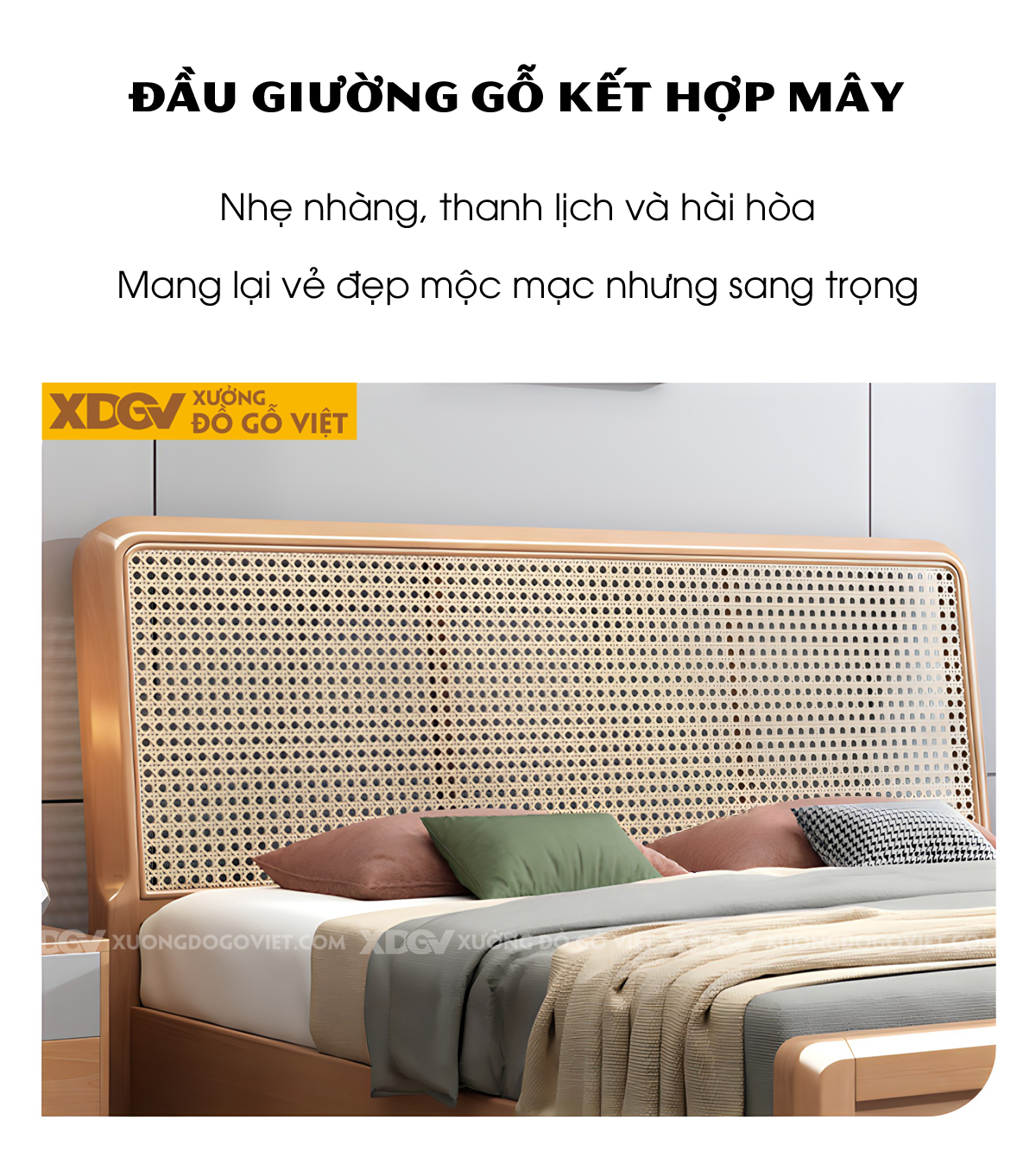 Giường Ngủ Gỗ Cao Su Tự Nhiên Đầu Đan Mây Caro Bo Góc