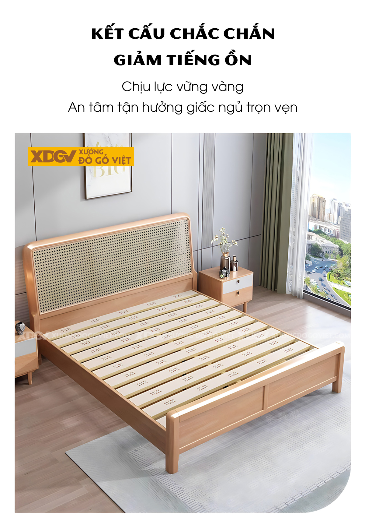 Giường Ngủ Gỗ Cao Su Tự Nhiên Đầu Đan Mây Caro Bo Góc