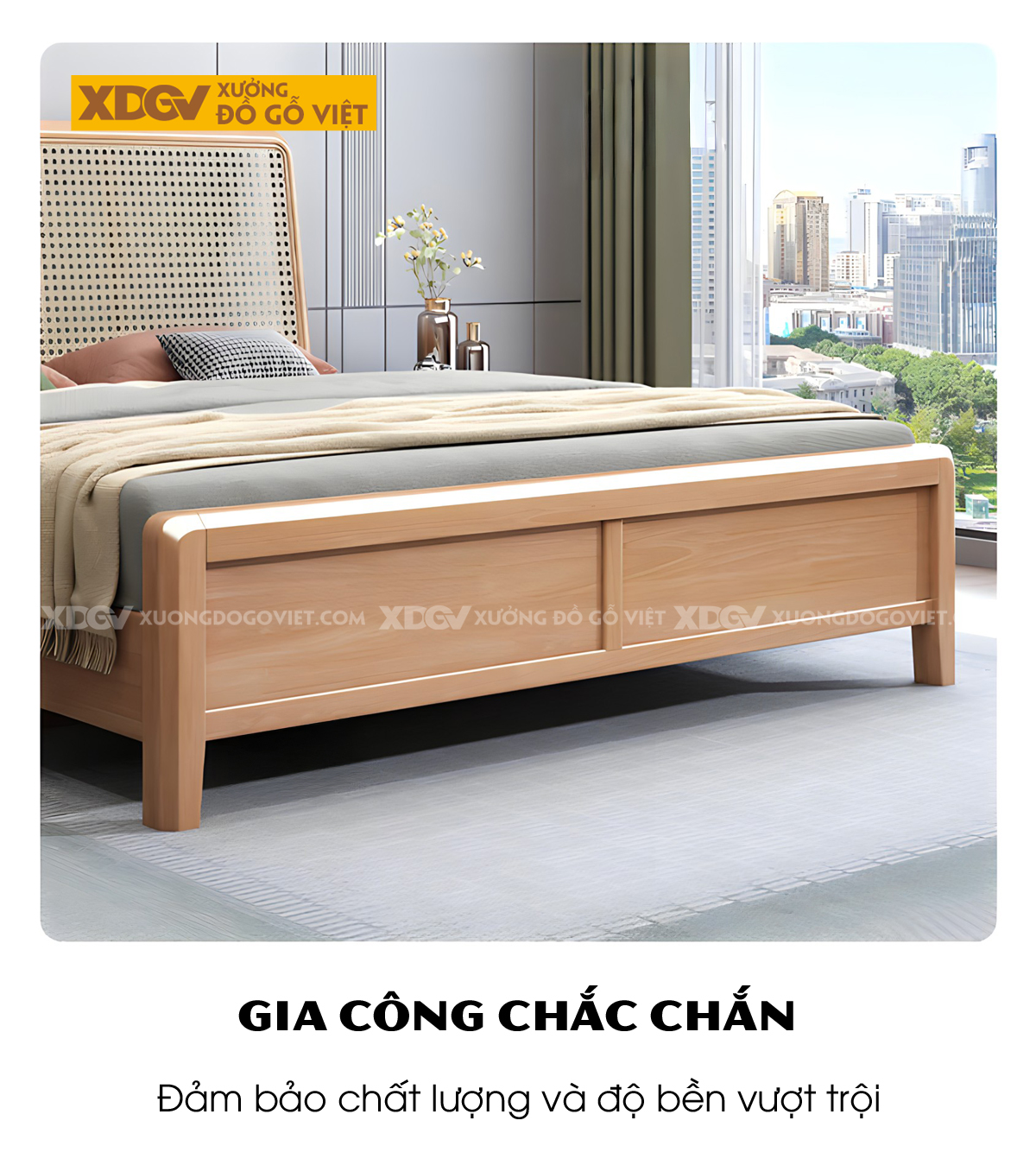 Giường Ngủ Gỗ Cao Su Tự Nhiên Đầu Đan Mây Caro Bo Góc